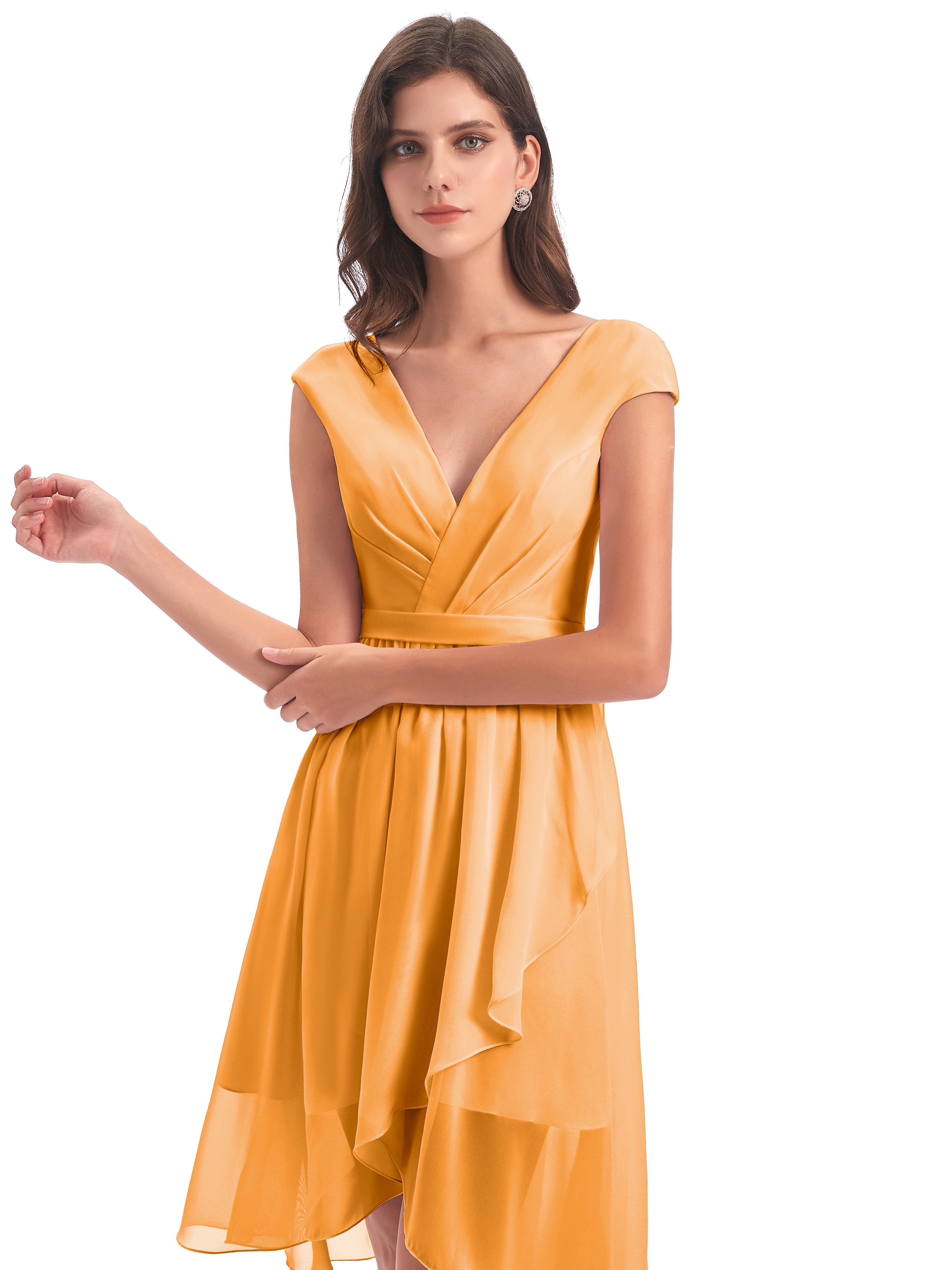 Robes De Demoiselle D'Honneur Mandarine Trapèze Longueur Genou Mancherons Robes Demoiselle D'Honneur