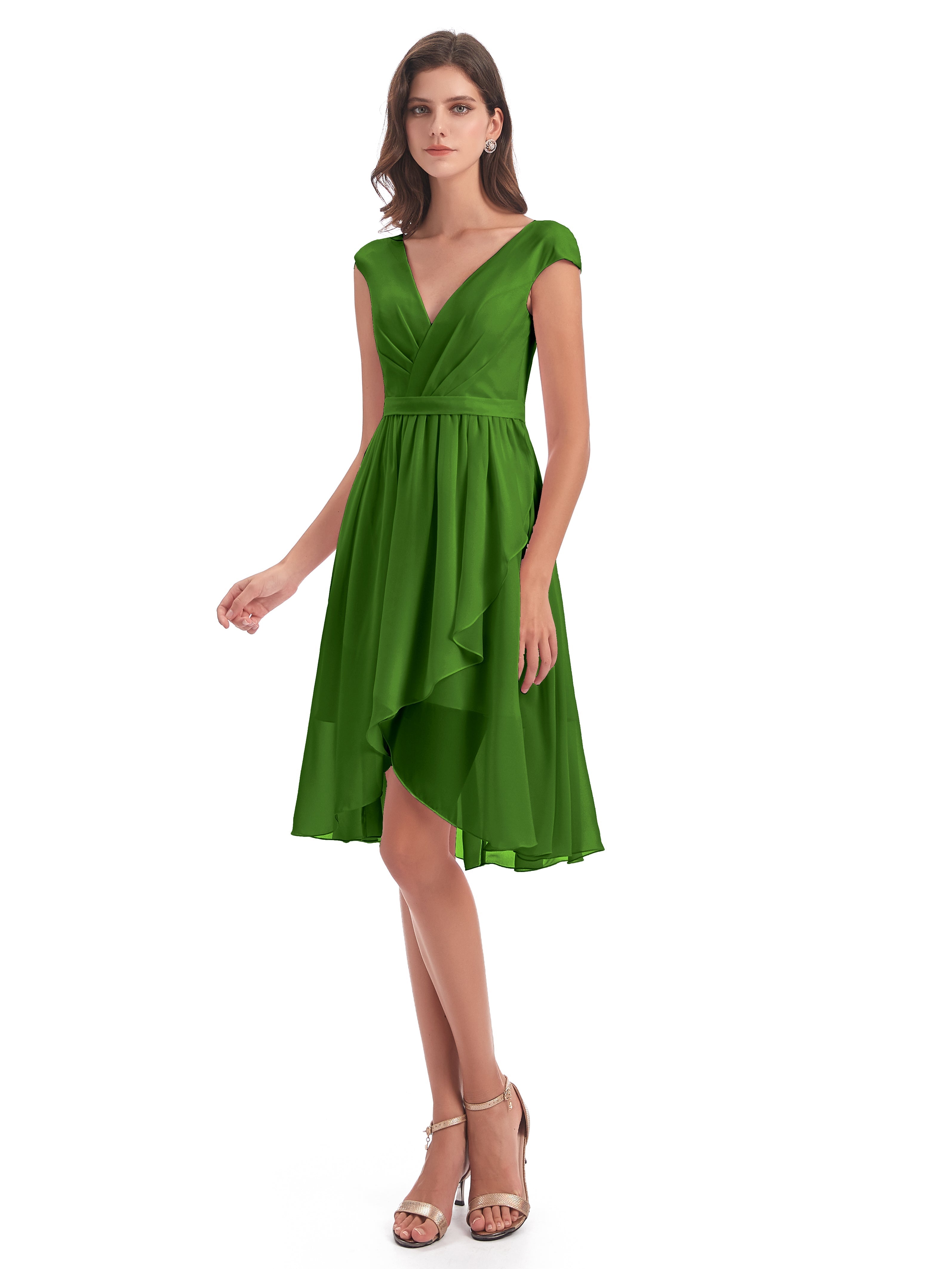 Robes De Demoiselle D'Honneur Vert Mousse Trapèze Longueur Genou Mancherons Robes Demoiselle D'Honneur