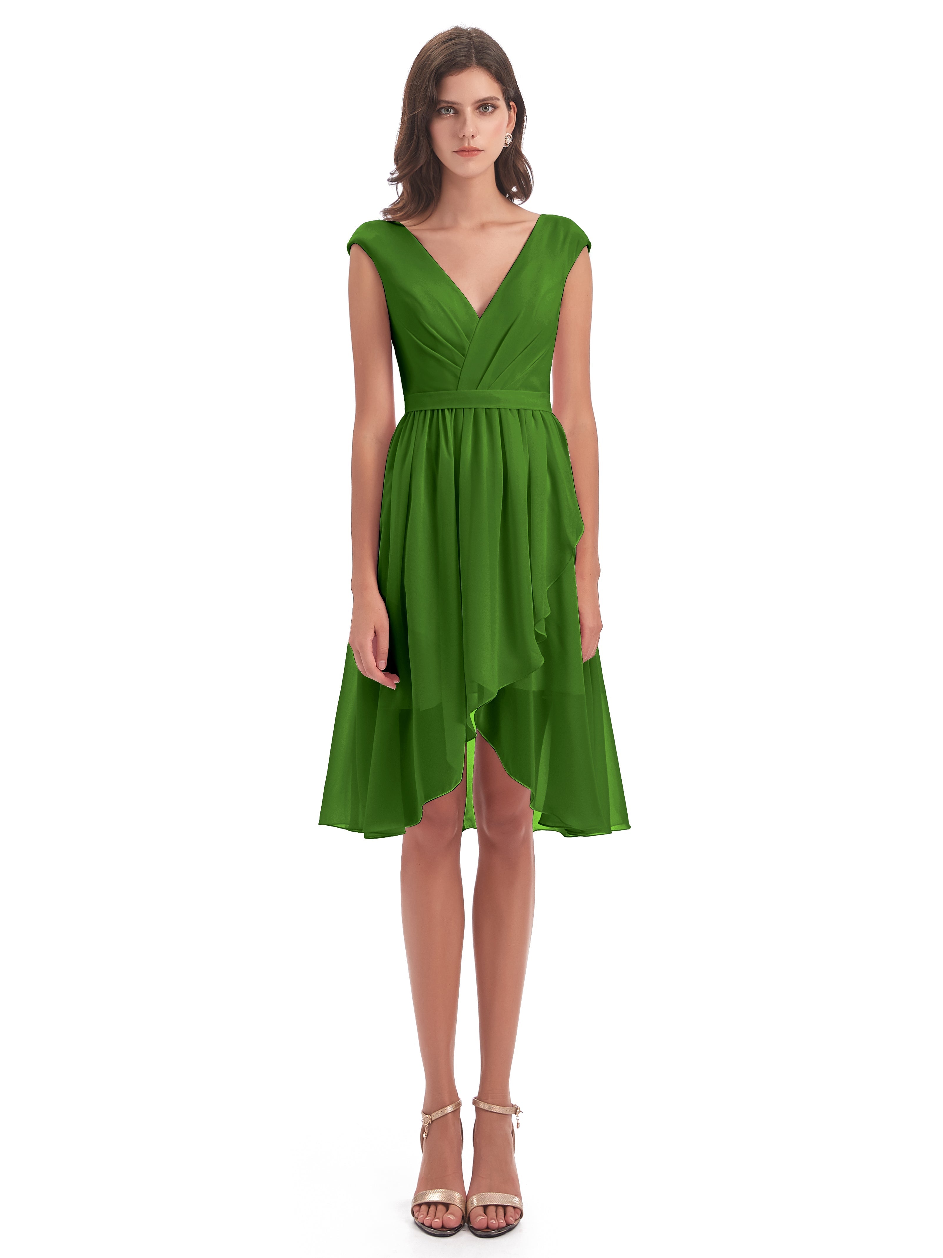 Robes De Demoiselle D'Honneur Vert Mousse Trapèze Longueur Genou Mancherons Robes Demoiselle D'Honneur