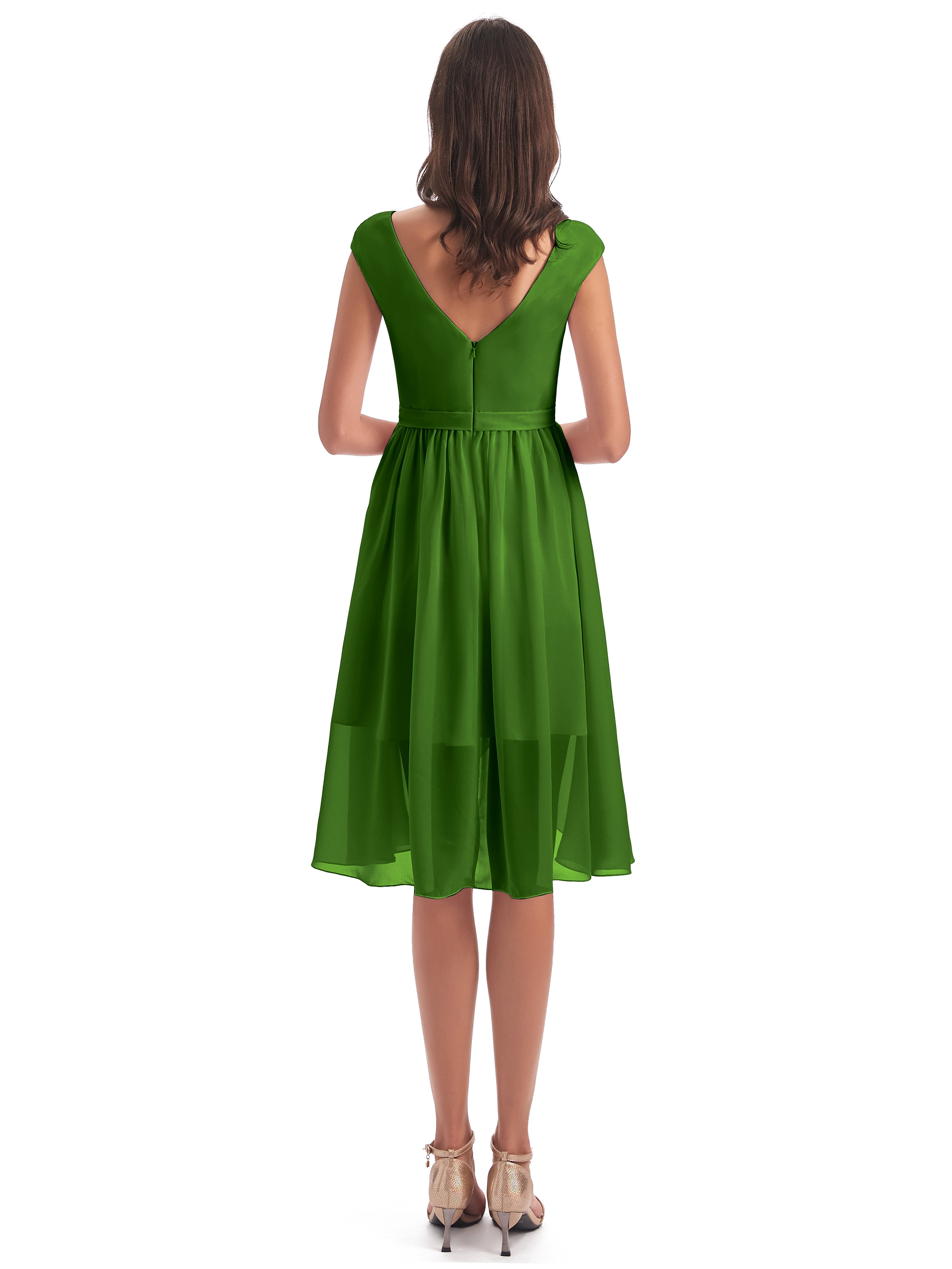 Robes De Demoiselle D'Honneur Vert Mousse Trapèze Longueur Genou Mancherons Robes Demoiselle D'Honneur