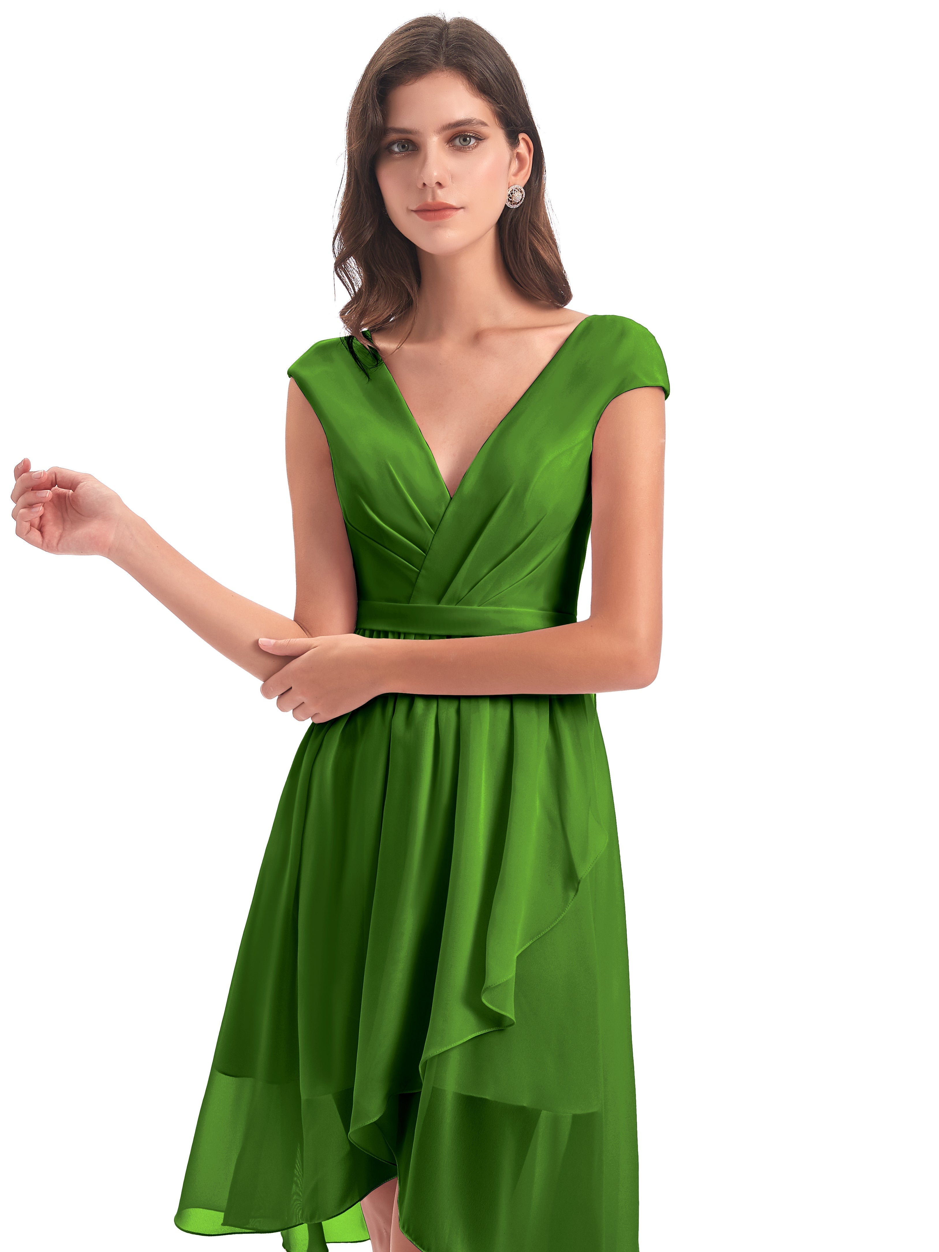 Robes De Demoiselle D'Honneur Vert Mousse Trapèze Longueur Genou Mancherons Robes Demoiselle D'Honneur