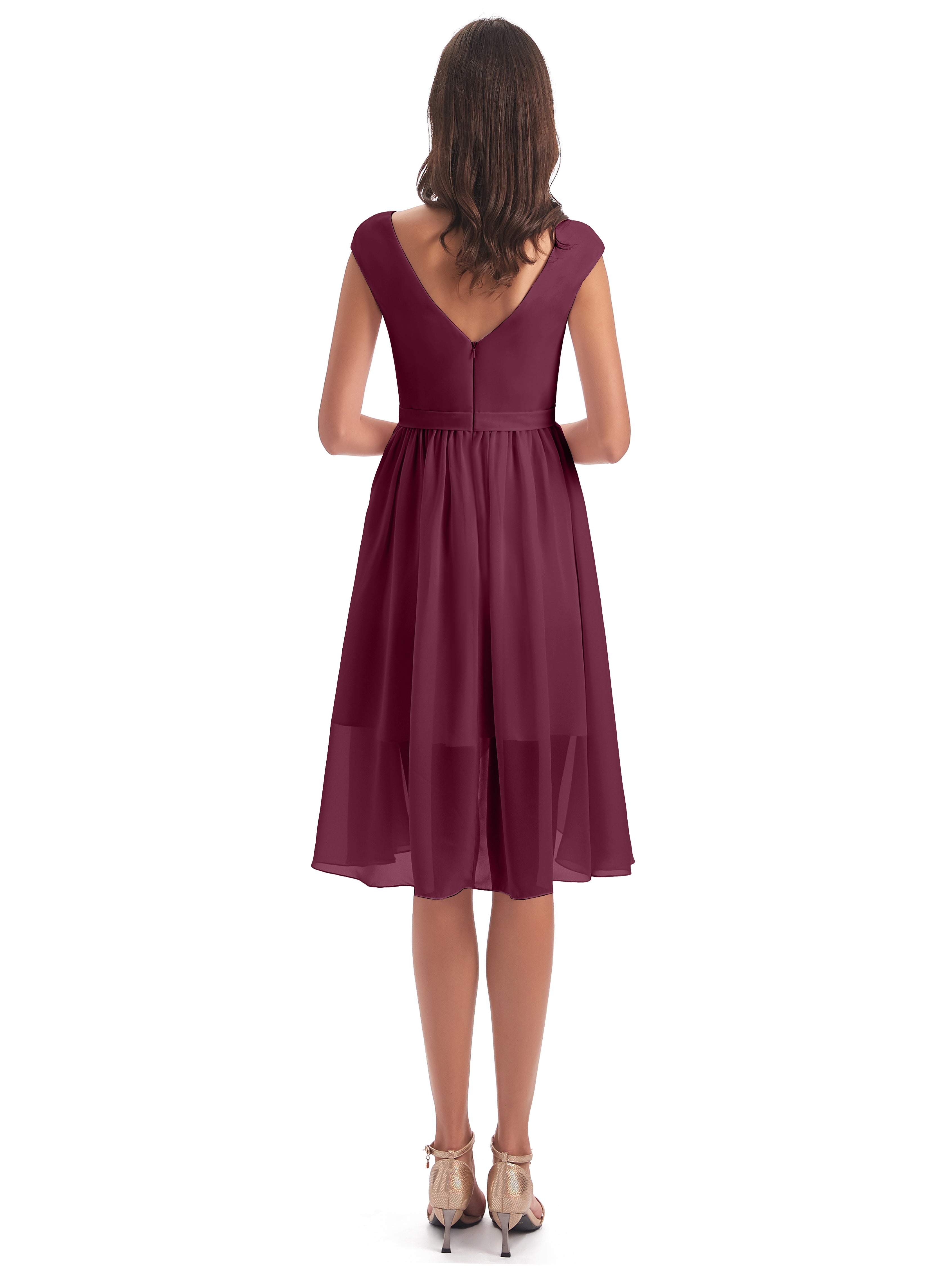 Robes De Demoiselle D'Honneur Mûre Trapèze Longueur Genou Mancherons Robes Demoiselle D'Honneur