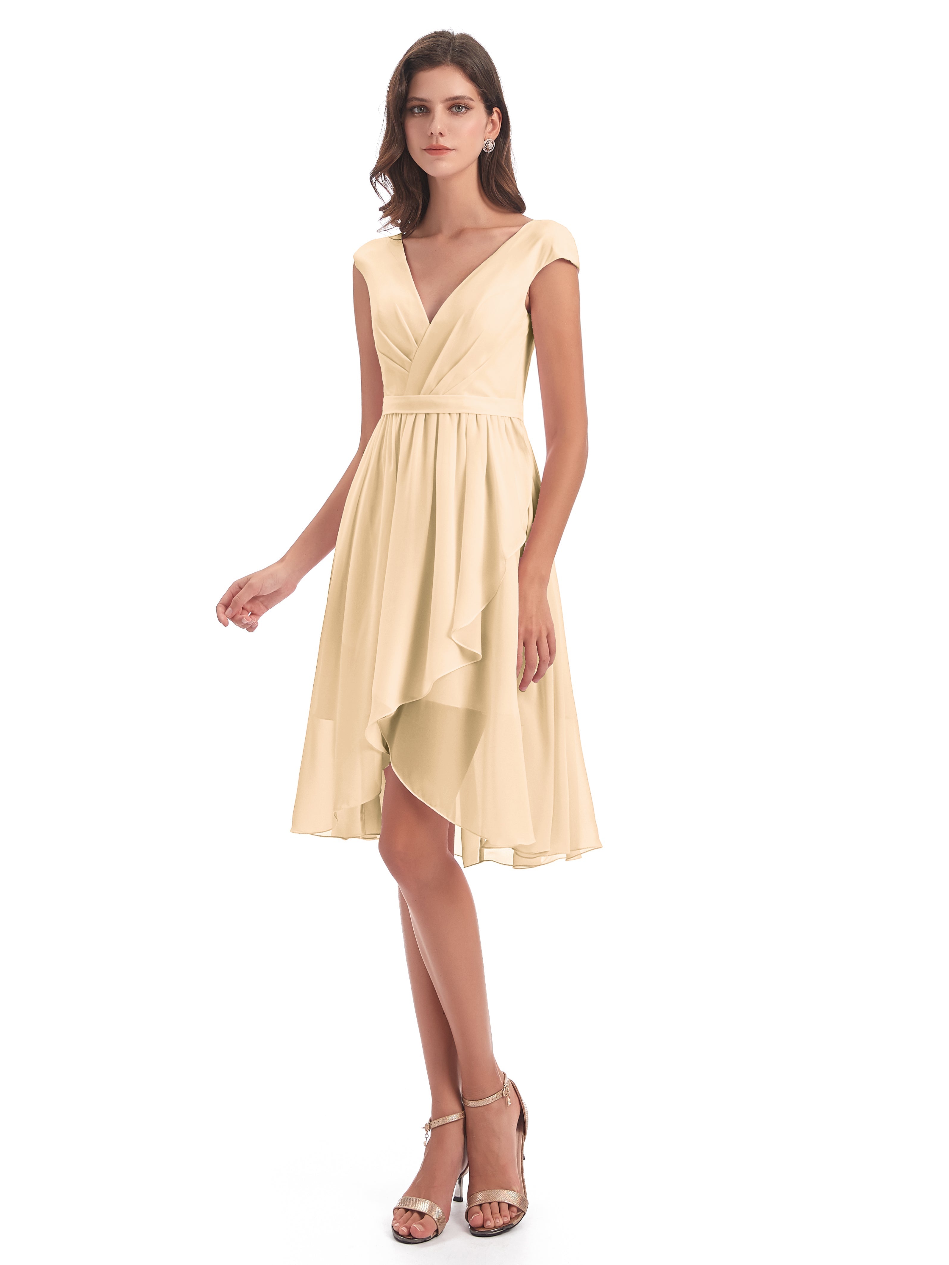 Robe De Demoiselle D Honneur Peche Trapèze Longueur Genou Mancherons Robes Demoiselle D'Honneur