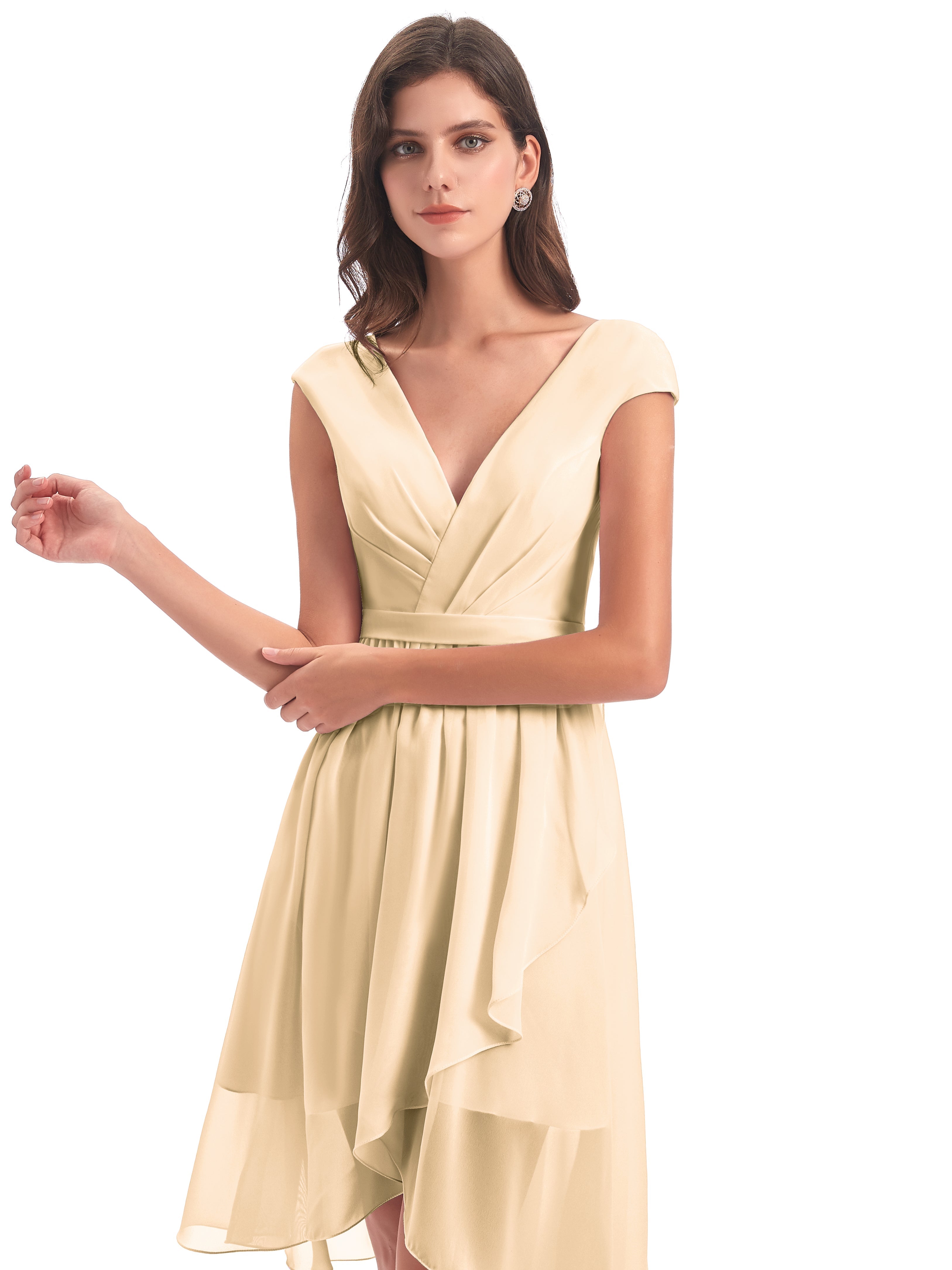 Robe De Demoiselle D Honneur Peche Trapèze Longueur Genou Mancherons Robes Demoiselle D'Honneur