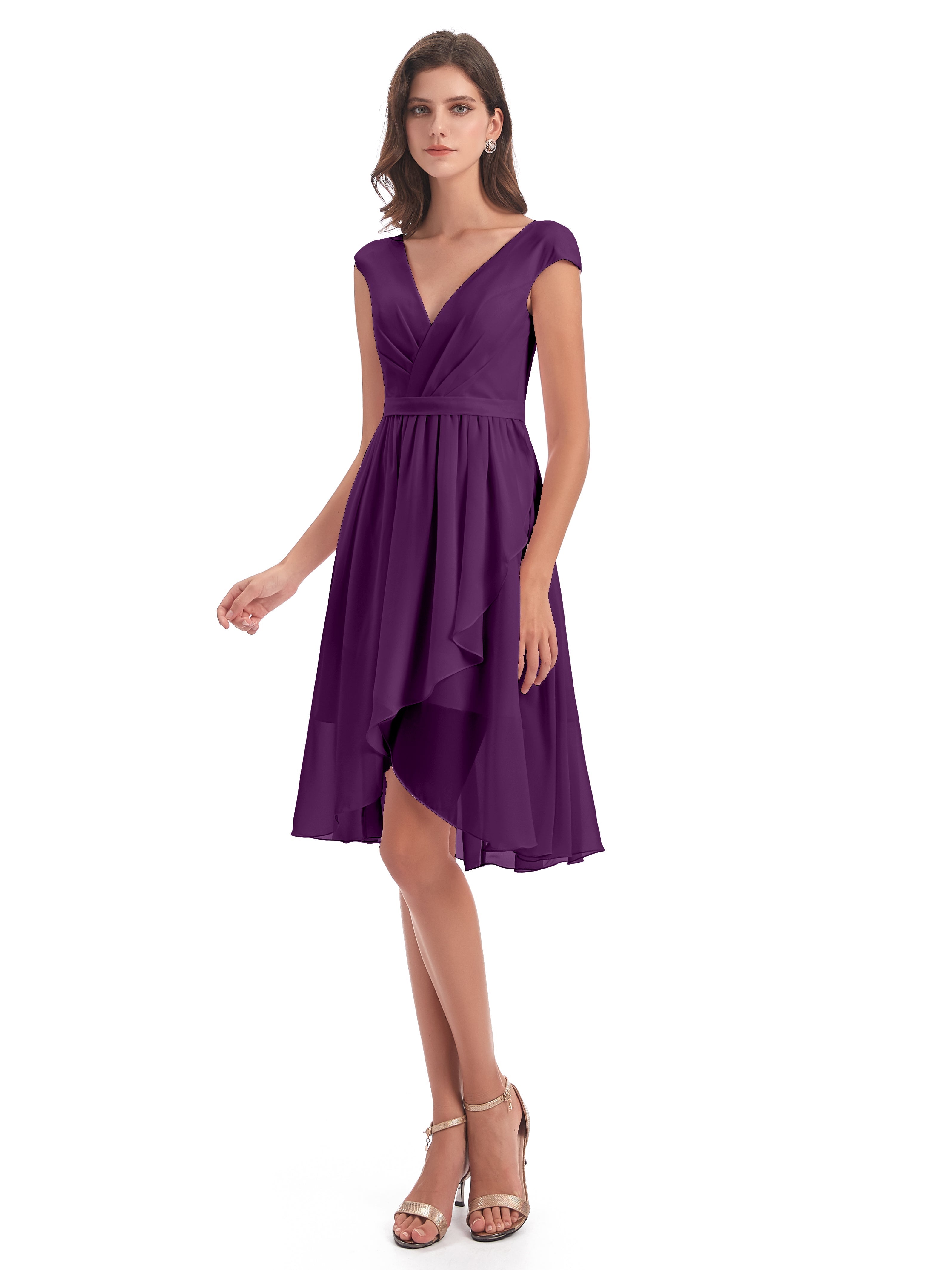 Robes De Demoiselle D'Honneur En Raisin Trapèze Longueur Genou Mancherons Robes Demoiselle D'Honneur