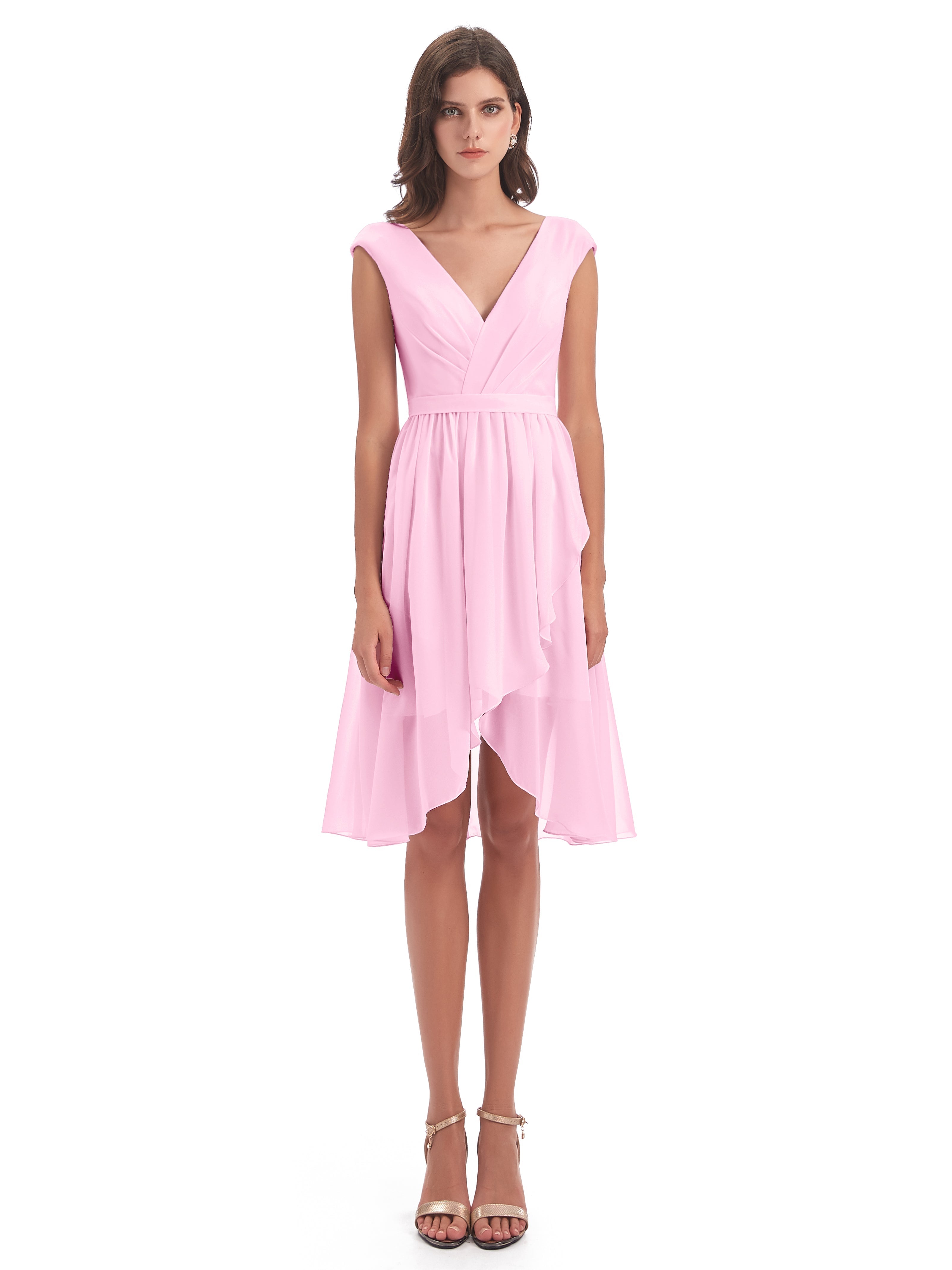 Robe Demoiselle D Honneur Rose Bonbon Trapèze Longueur Genou Mancherons Robes Demoiselle D'Honneur