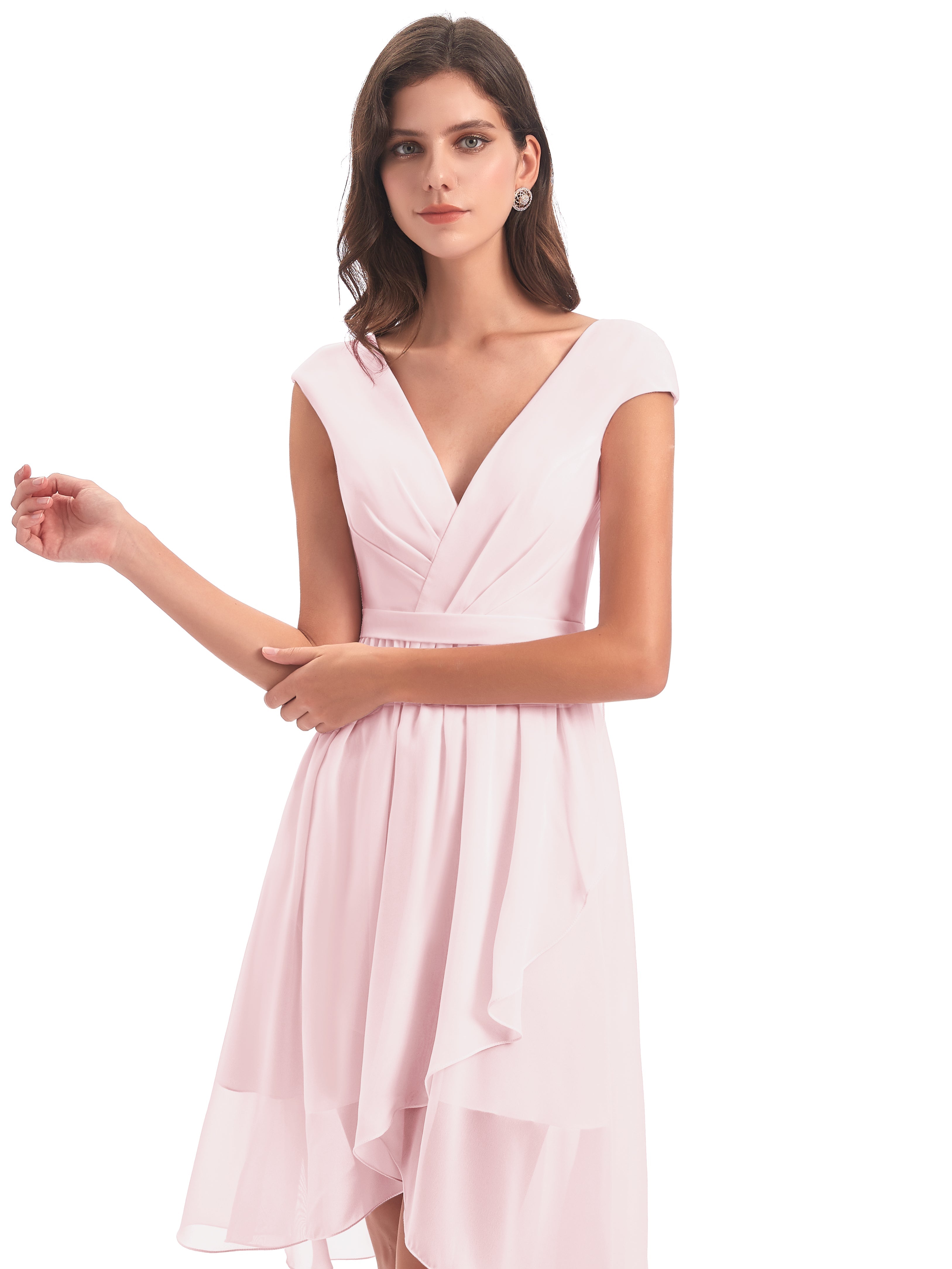 Robe Demoiselle D Honneur Rose Pale Courte Trapèze Longueur Genou Mancherons Robes Demoiselle D'Honneur