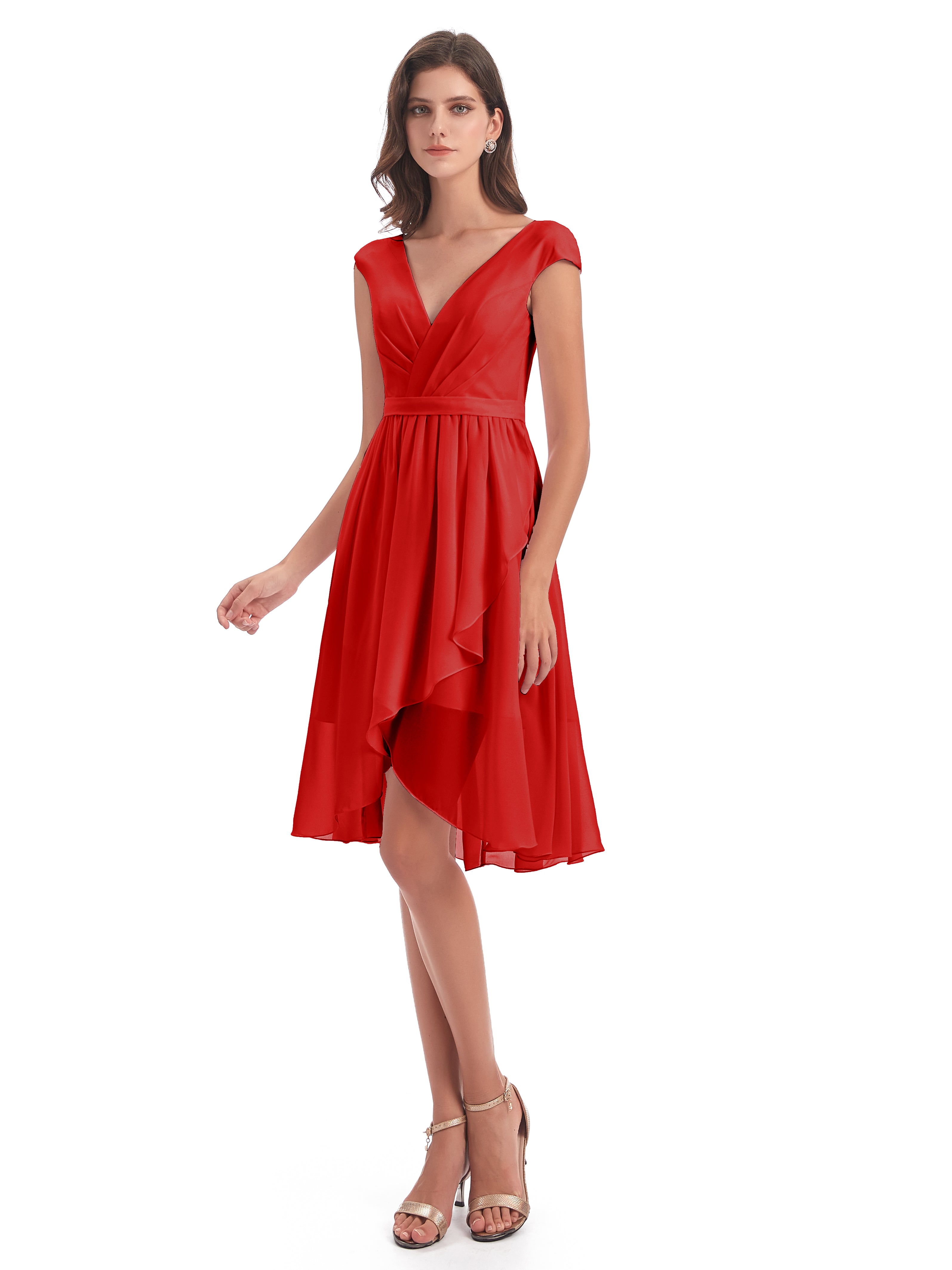 Robe Demoiselle D Honneur Rouge Courte Trapèze Longueur Genou Mancherons Robes Demoiselle D'Honneur