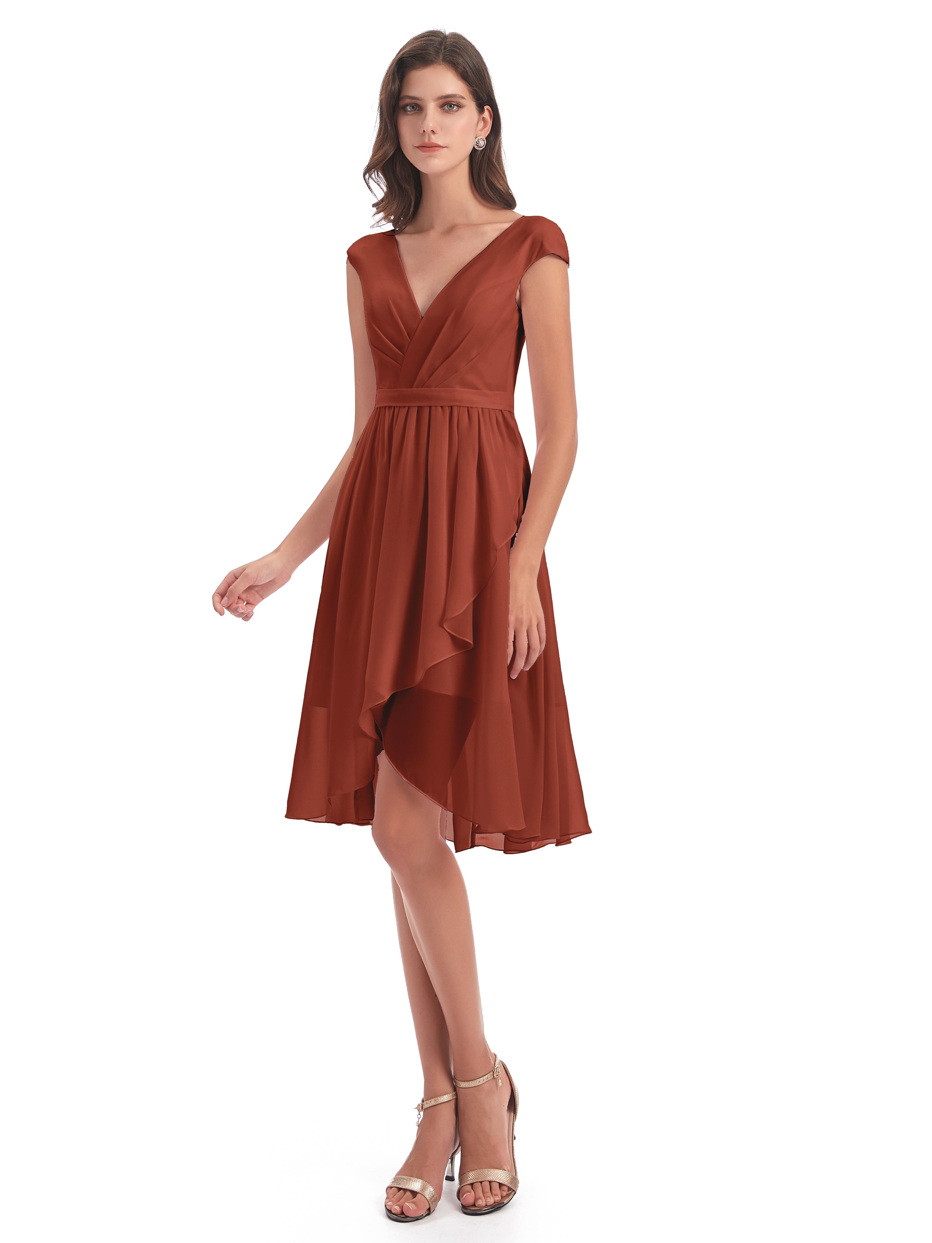 Robes De Demoiselle D'Honneur Couleur Rouille Bon Marché Trapèze Longueur Genou Mancherons Robes Demoiselle D'Honneur