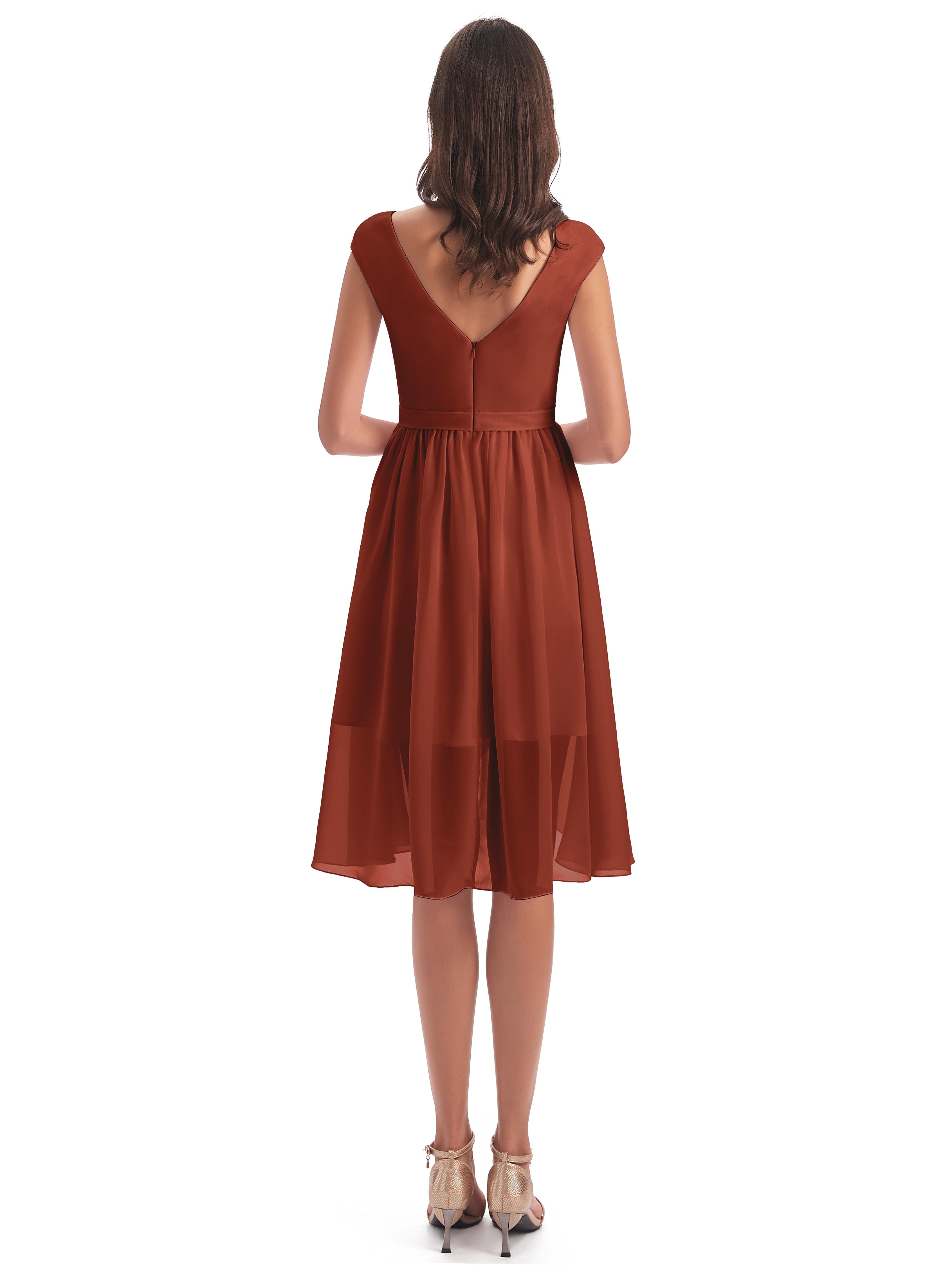 Robes De Demoiselle D'Honneur Couleur Rouille Bon Marché Trapèze Longueur Genou Mancherons Robes Demoiselle D'Honneur