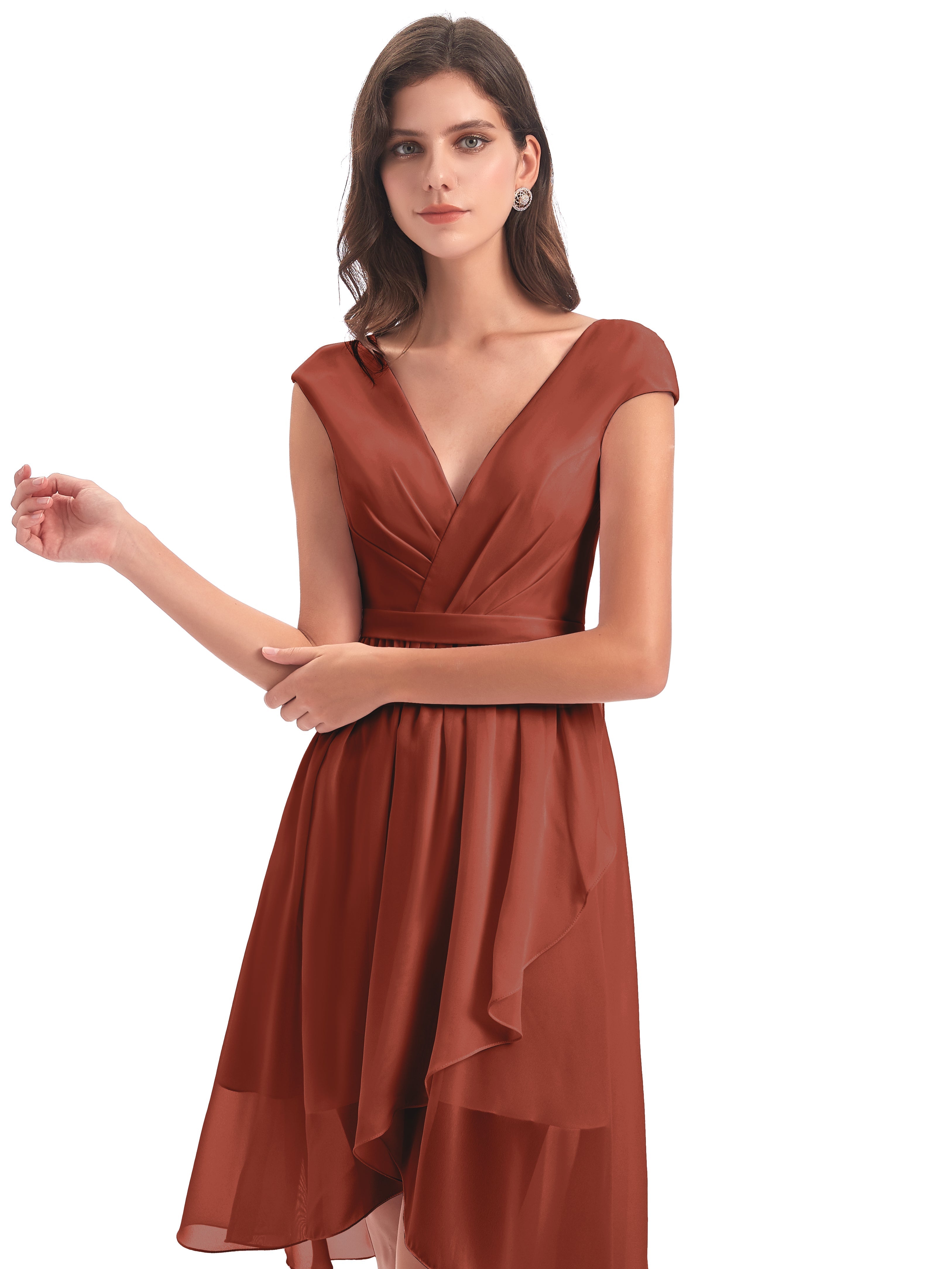 Robes De Demoiselle D'Honneur Couleur Rouille Bon Marché Trapèze Longueur Genou Mancherons Robes Demoiselle D'Honneur