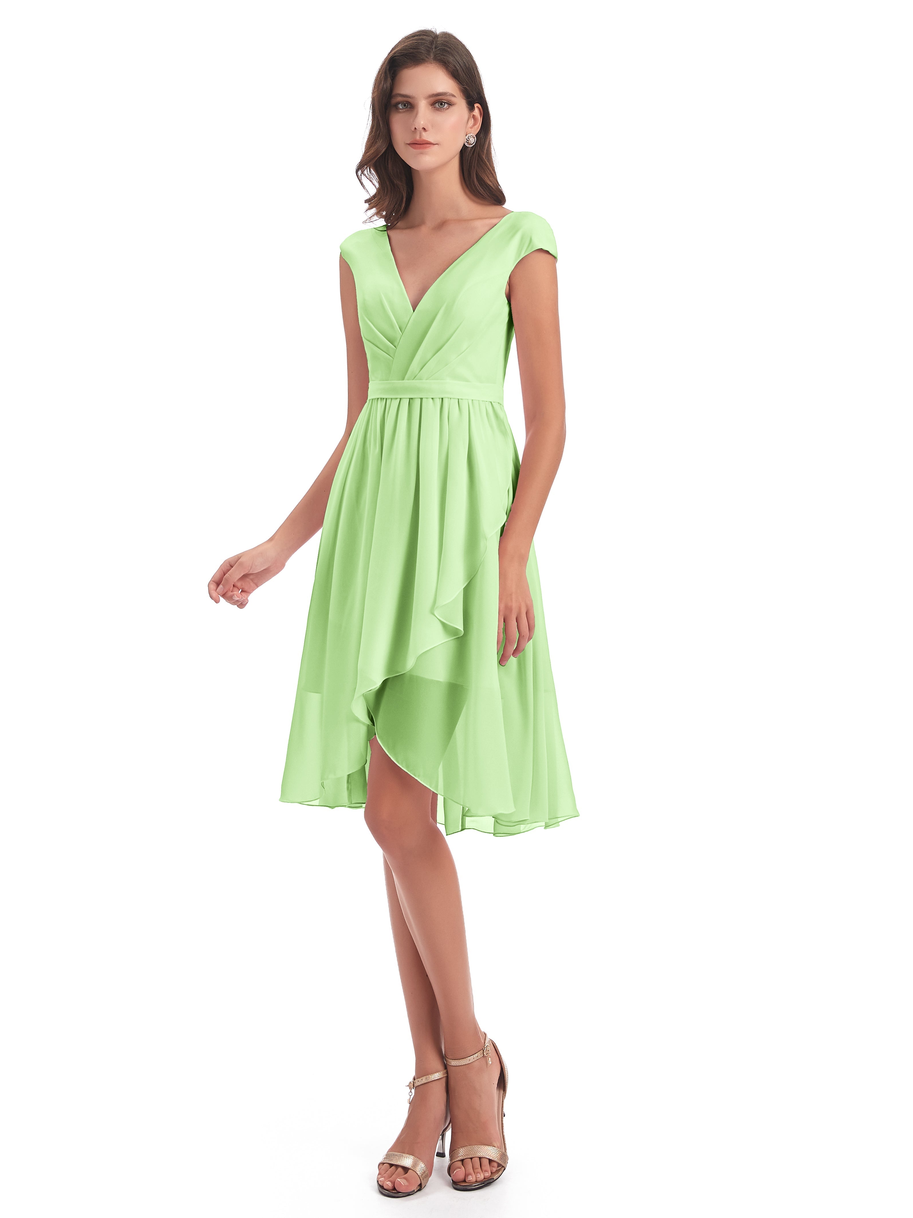 Robe Demoiselle D Honneur Vert Sauge Trapèze Longueur Genou Mancherons Robes Demoiselle D'Honneur