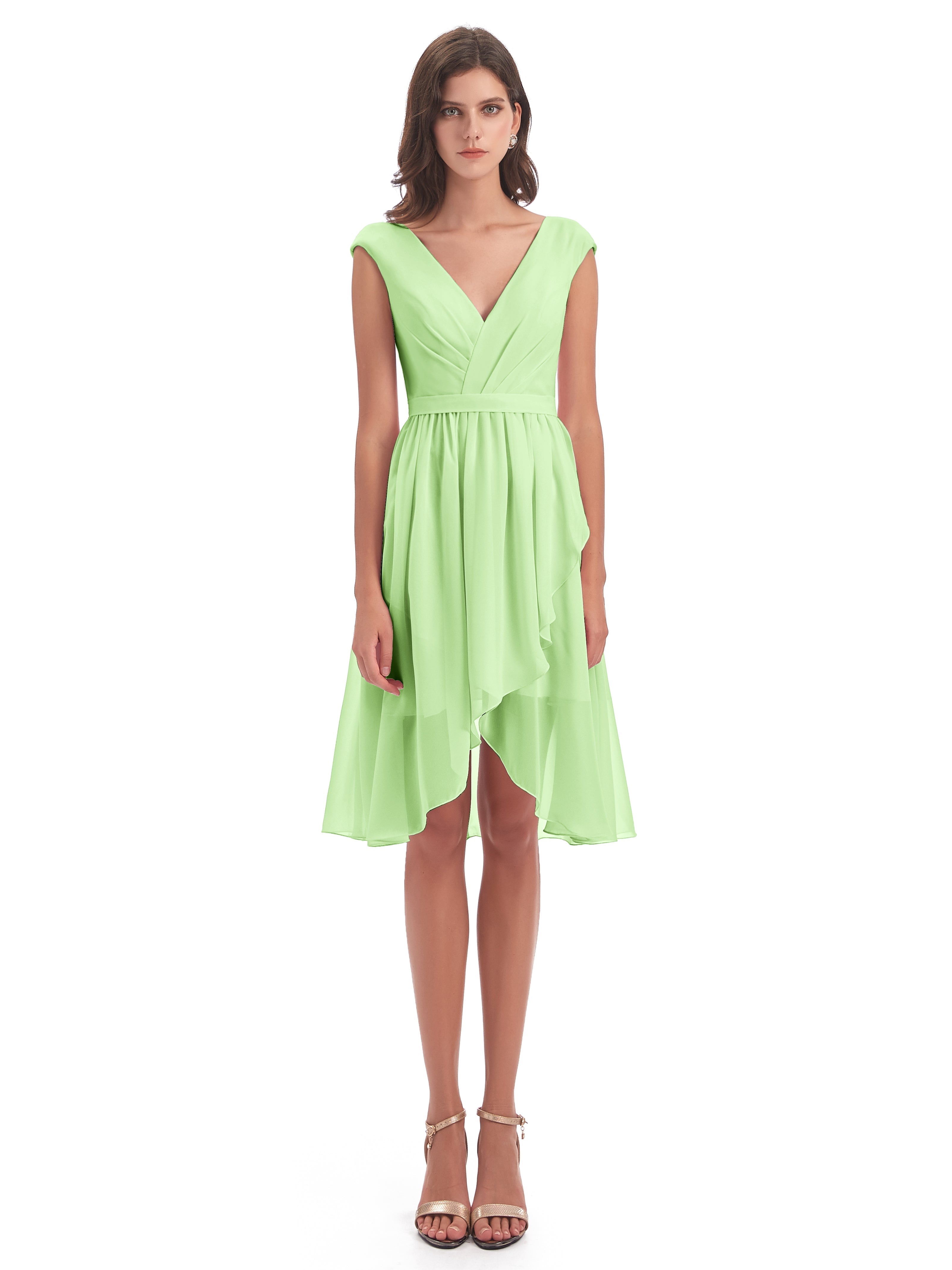 Robe Demoiselle D Honneur Vert Sauge Trapèze Longueur Genou Mancherons Robes Demoiselle D'Honneur
