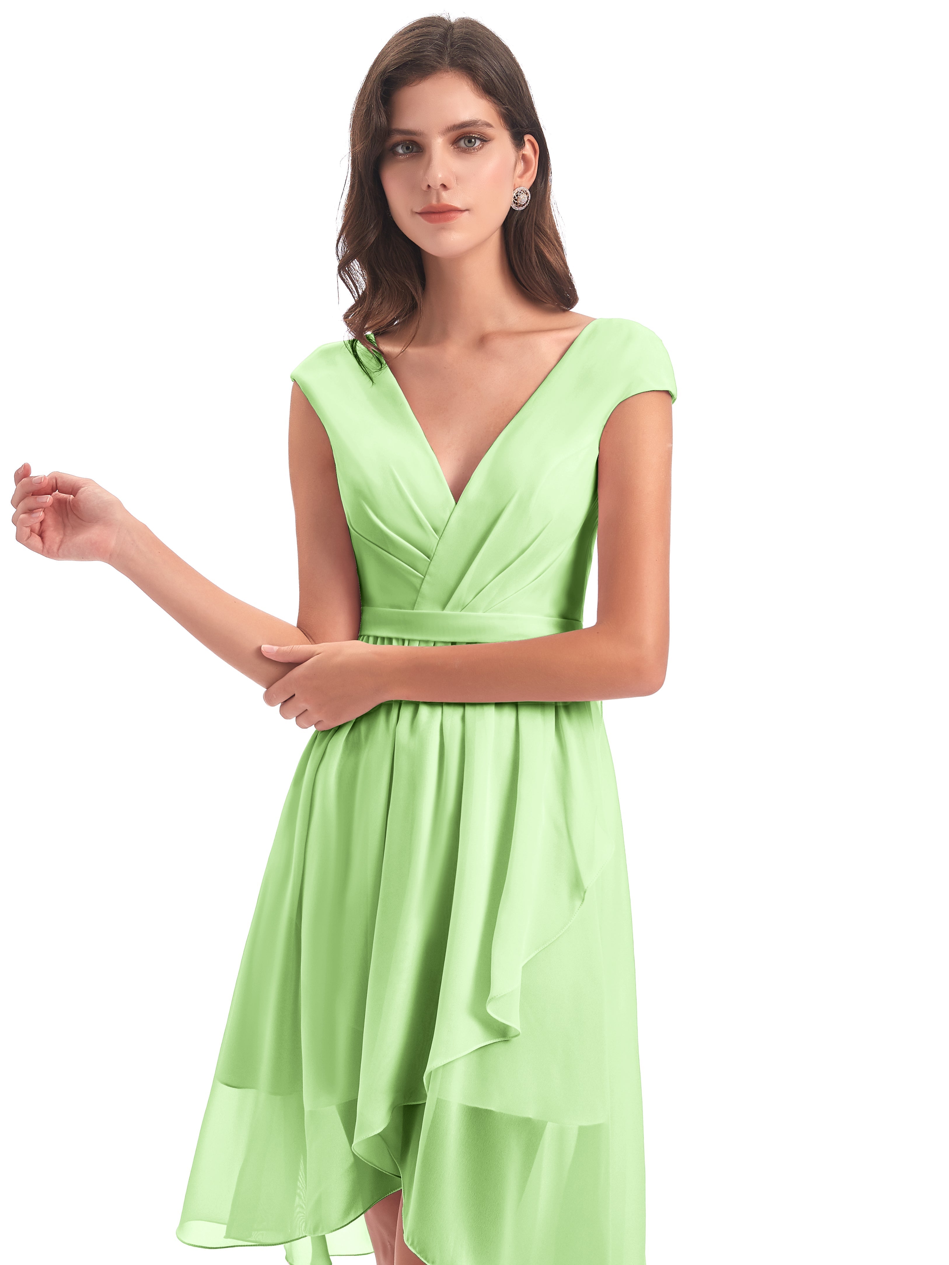 Robe Demoiselle D Honneur Vert Sauge Trapèze Longueur Genou Mancherons Robes Demoiselle D'Honneur
