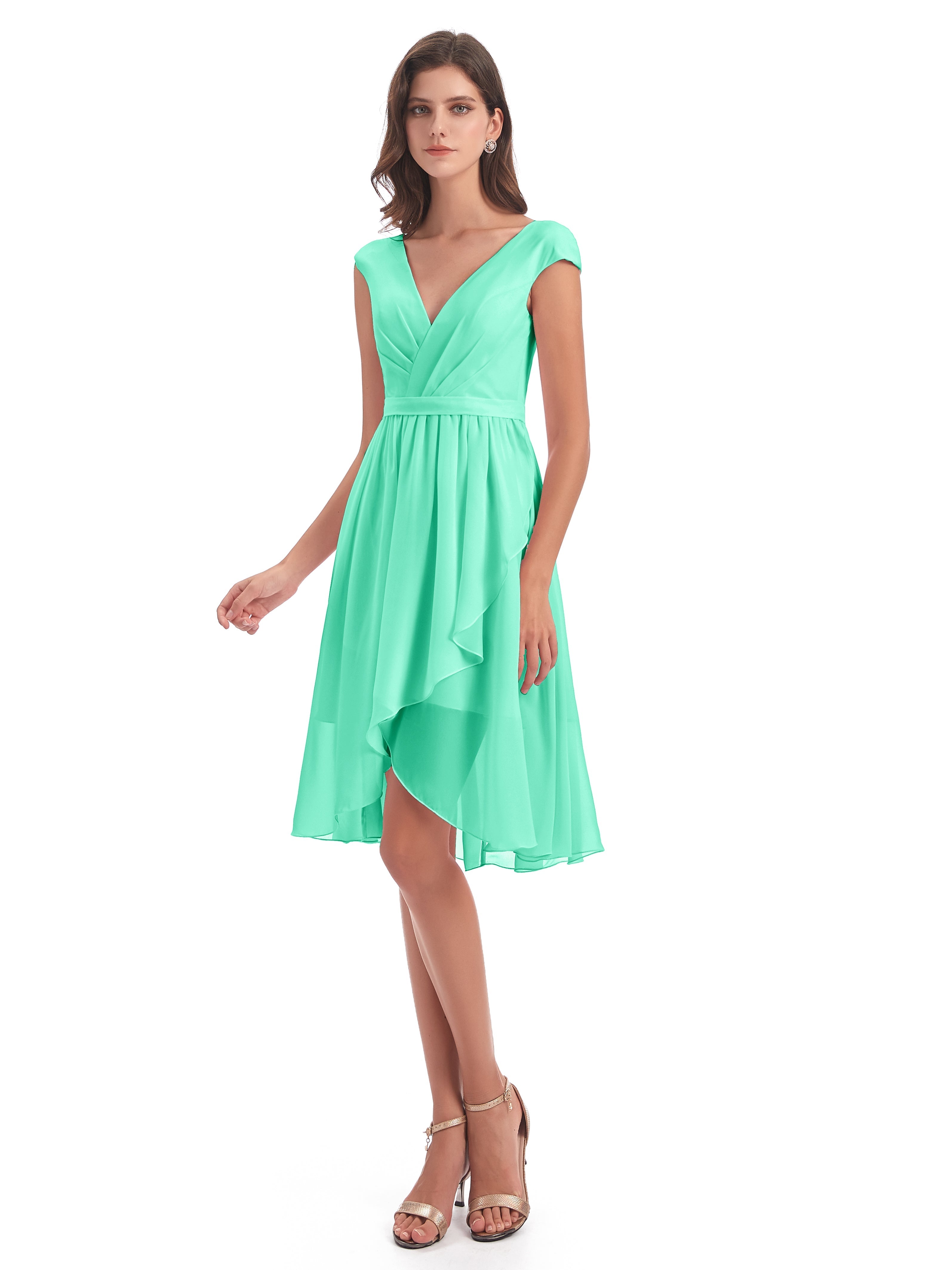 Robe De Demoiselle D Honneur Bleu Turquoise Trapèze Longueur Genou Mancherons Robes Demoiselle D'Honneur