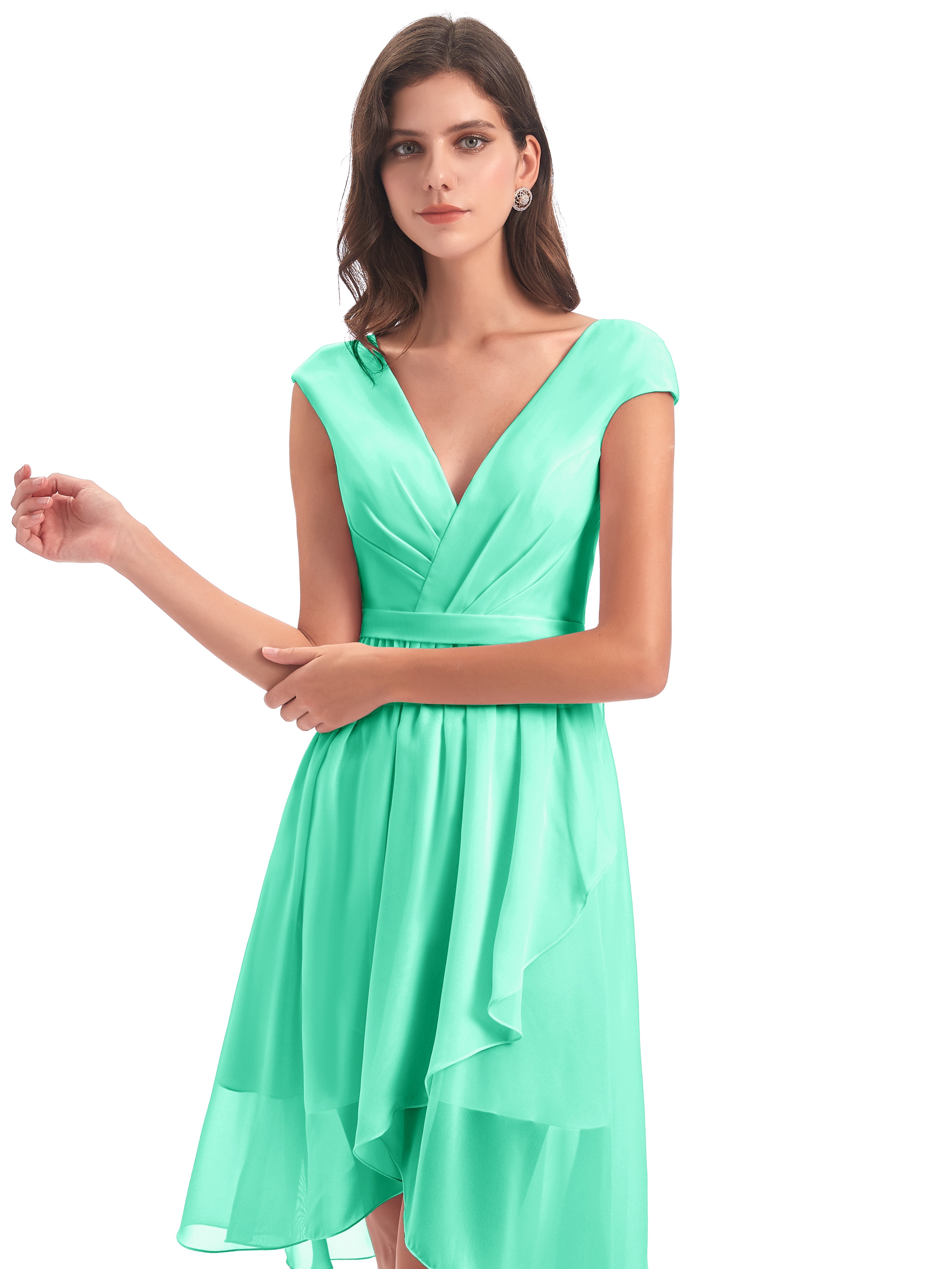 Robe De Demoiselle D Honneur Bleu Turquoise Trapèze Longueur Genou Mancherons Robes Demoiselle D'Honneur