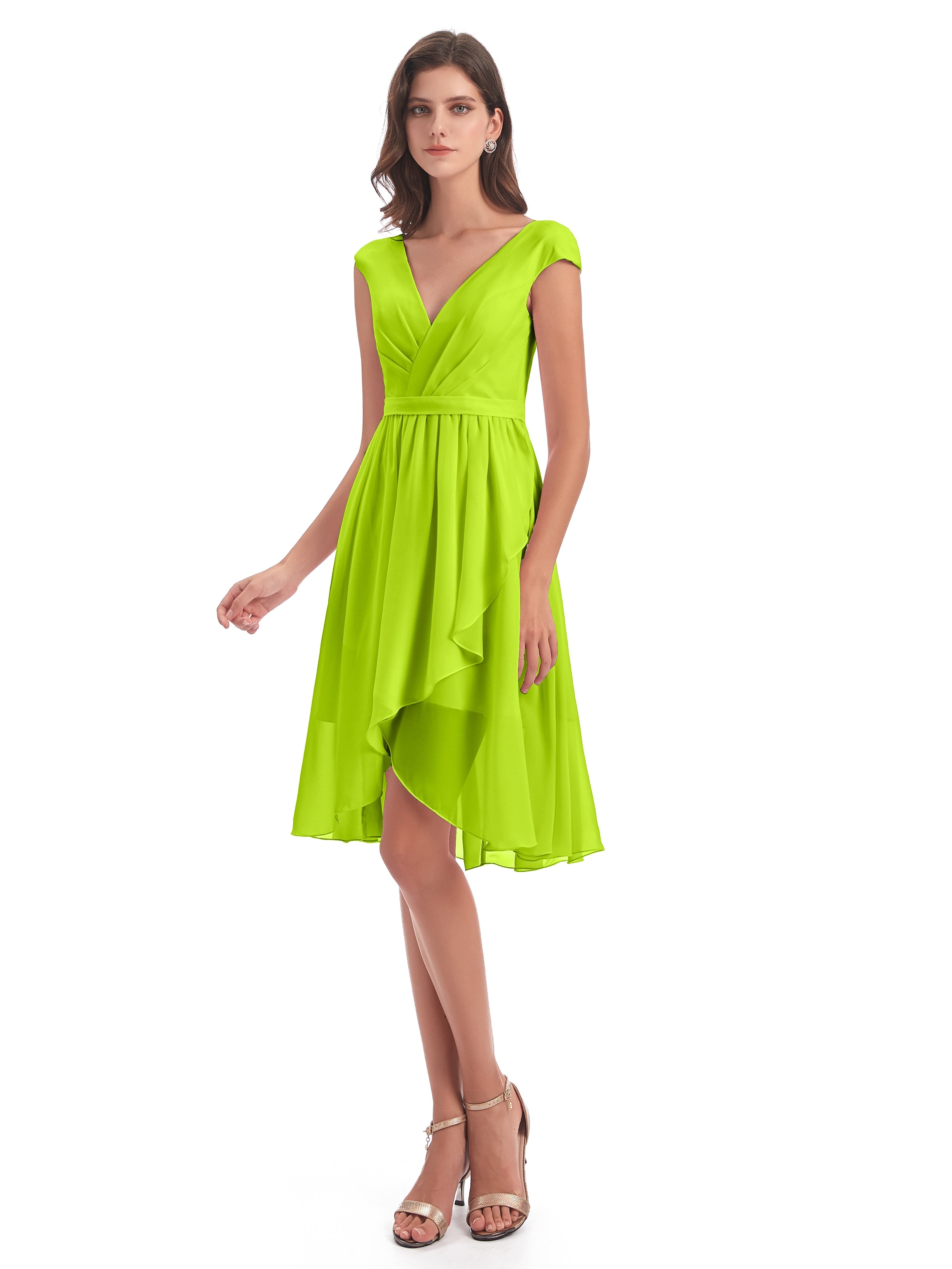 Robes De Demoiselle D'Honneur Vert Citron Trapèze Longueur Genou Mancherons Robes Demoiselle D'Honneur