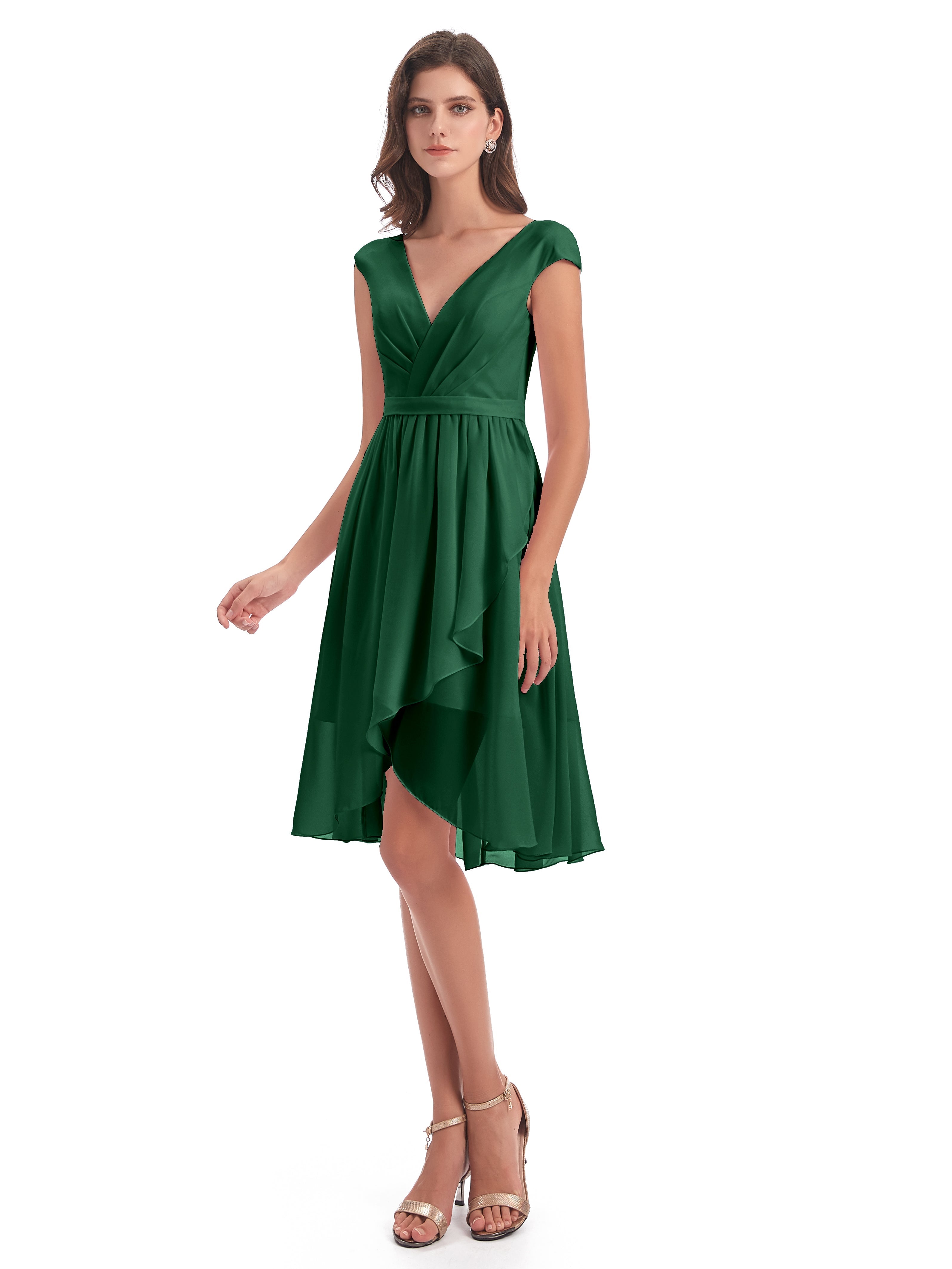 Robes De Demoiselle D'Honneur Vert Foncé Trapèze Longueur Genou Mancherons Robes Demoiselle D'Honneur