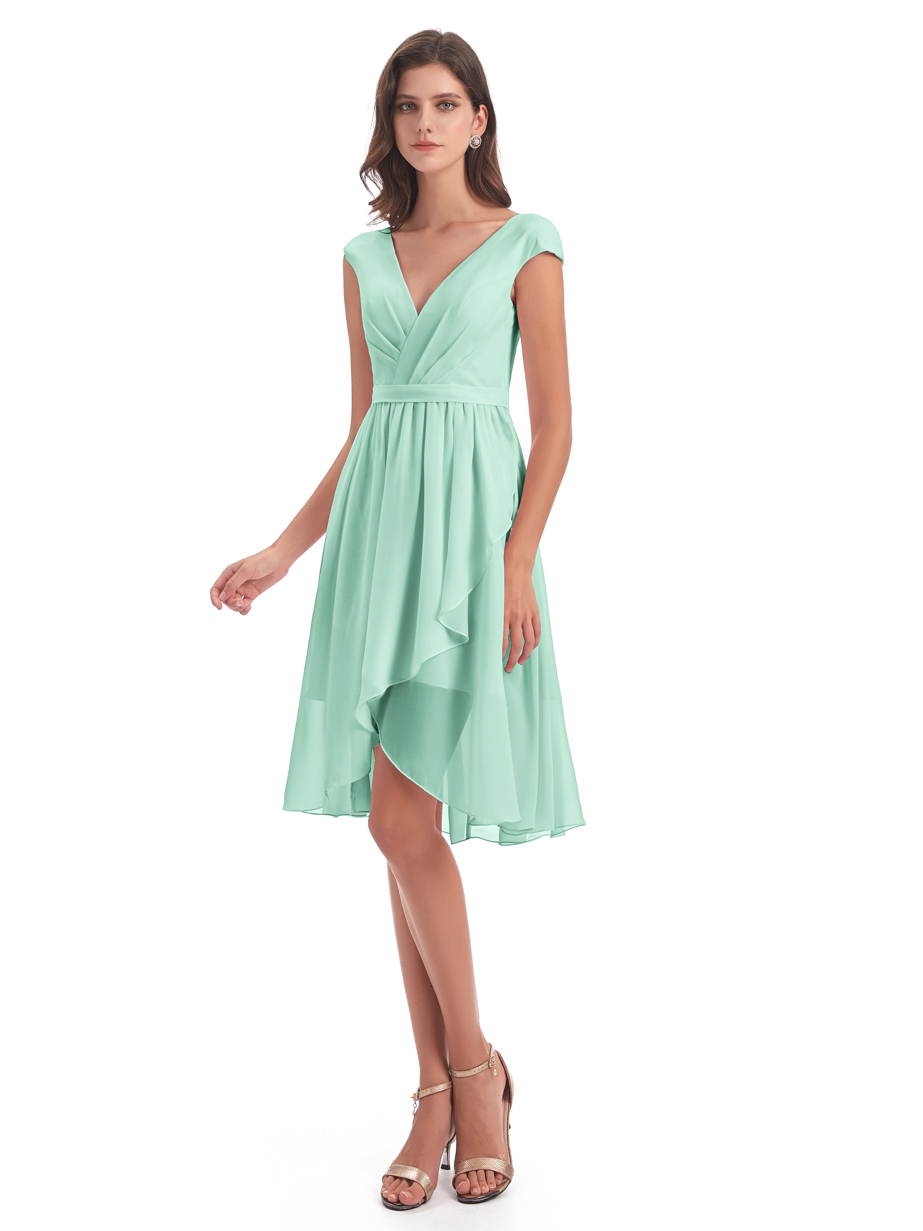 Robe Demoiselle D Honneur Vert Menthe Trapèze Longueur Genou Mancherons Robes Demoiselle D'Honneur