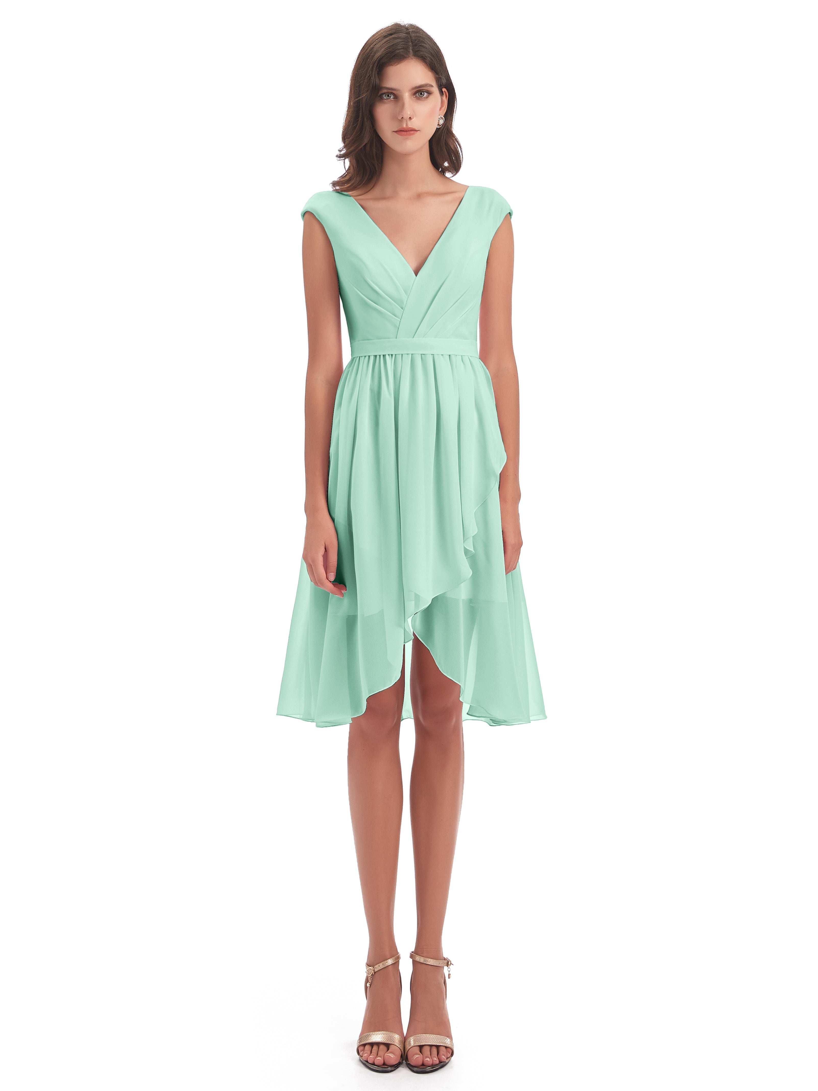 Robe Demoiselle D Honneur Vert Menthe Trapèze Longueur Genou Mancherons Robes Demoiselle D'Honneur