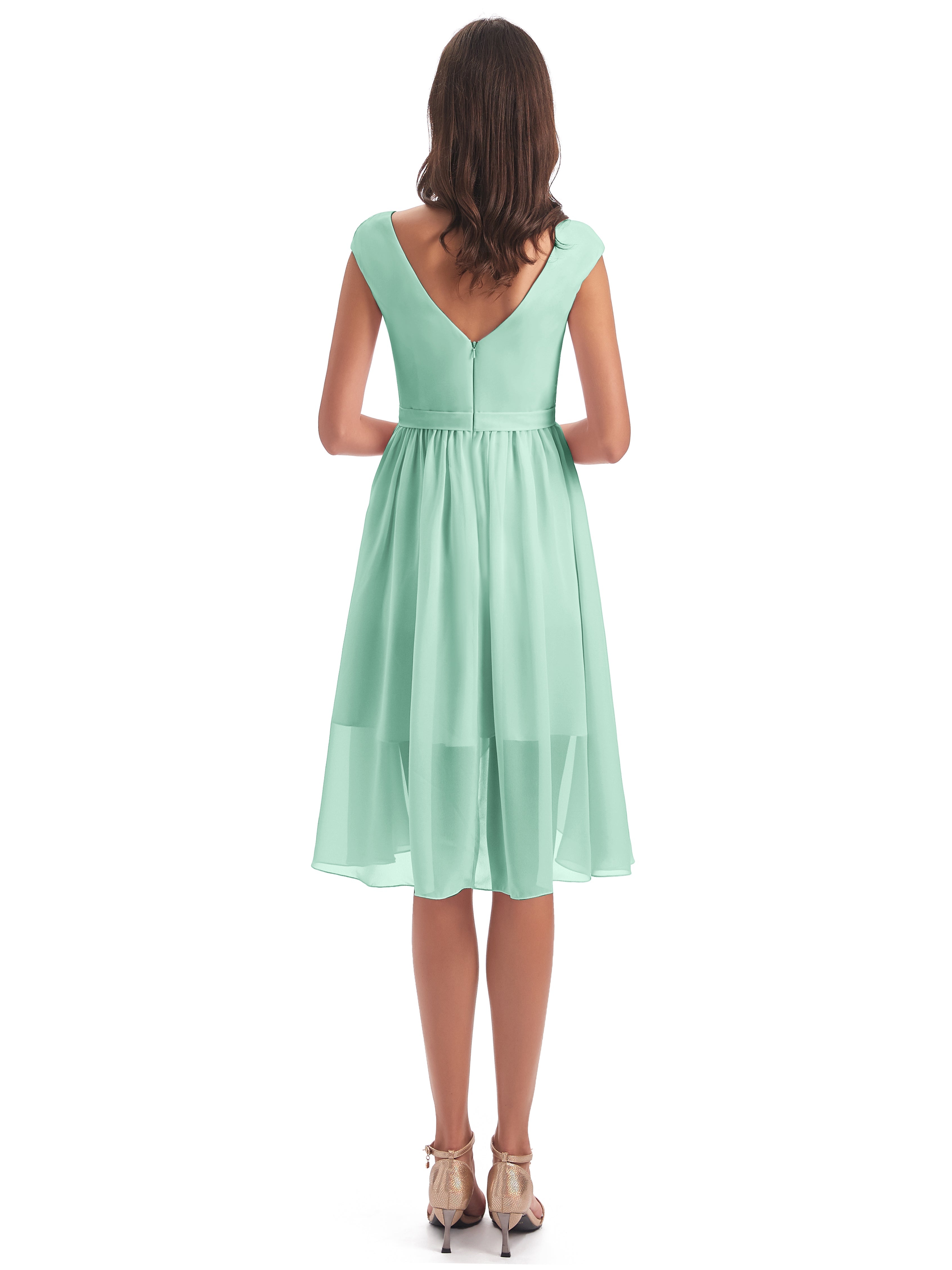 Robe Demoiselle D Honneur Vert Menthe Trapèze Longueur Genou Mancherons Robes Demoiselle D'Honneur