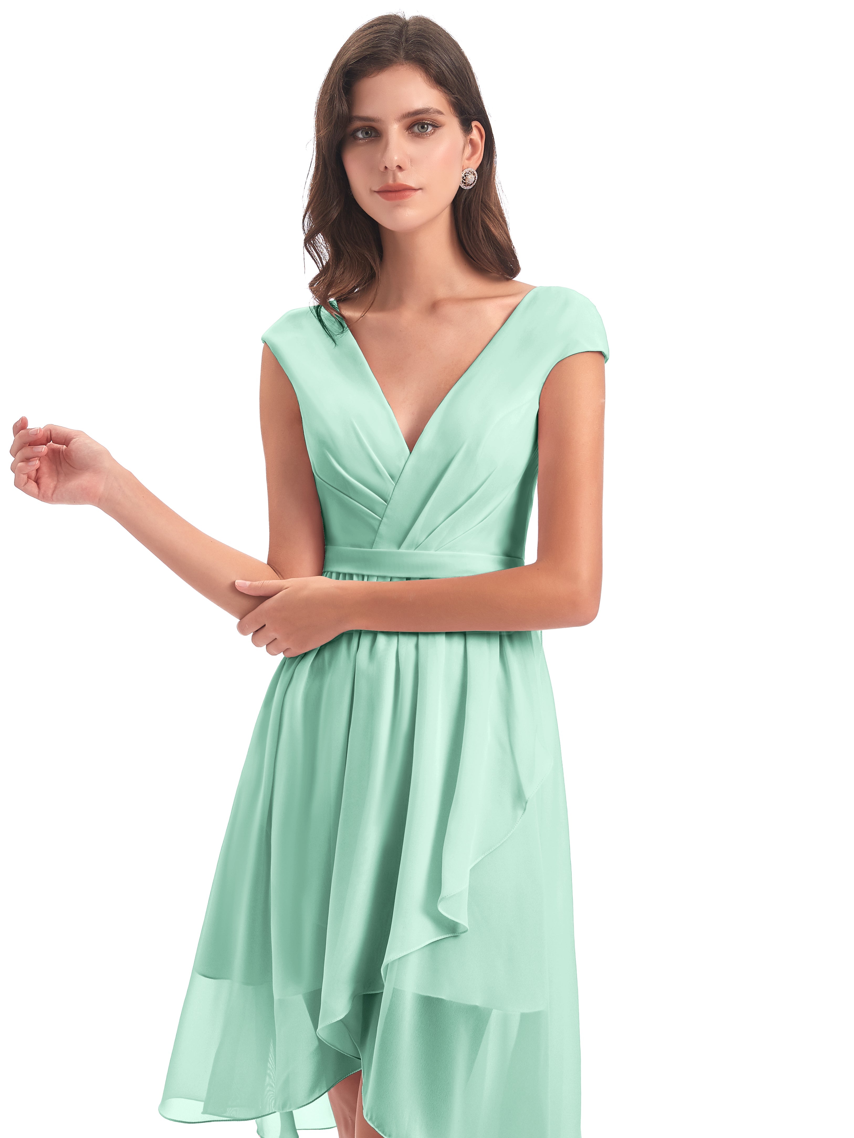 Robe Demoiselle D Honneur Vert Menthe Trapèze Longueur Genou Mancherons Robes Demoiselle D'Honneur