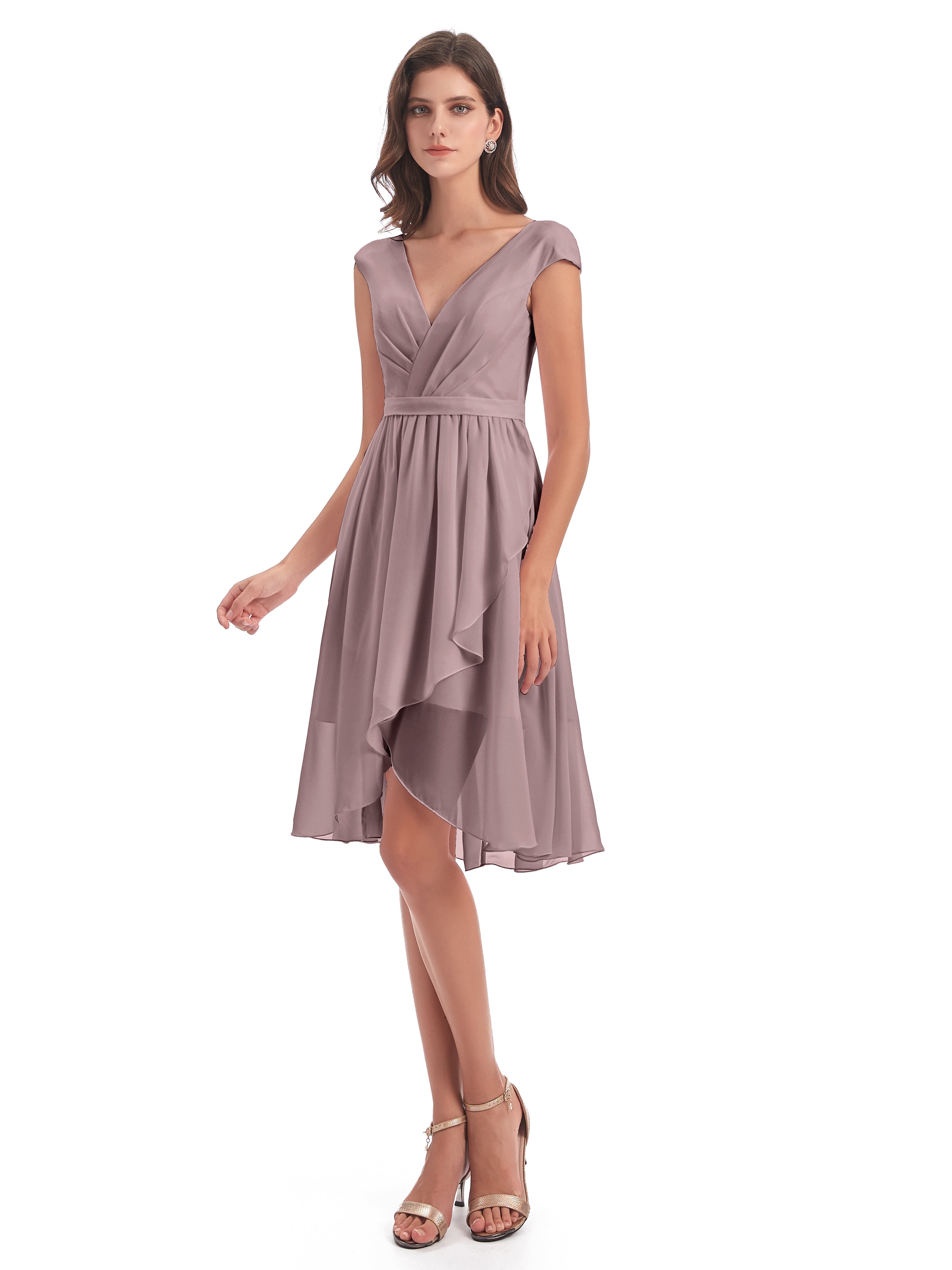 Robes De Demoiselle D'Honneur Mauve Foncé Trapèze Longueur Genou Mancherons Robes Demoiselle D'Honneur