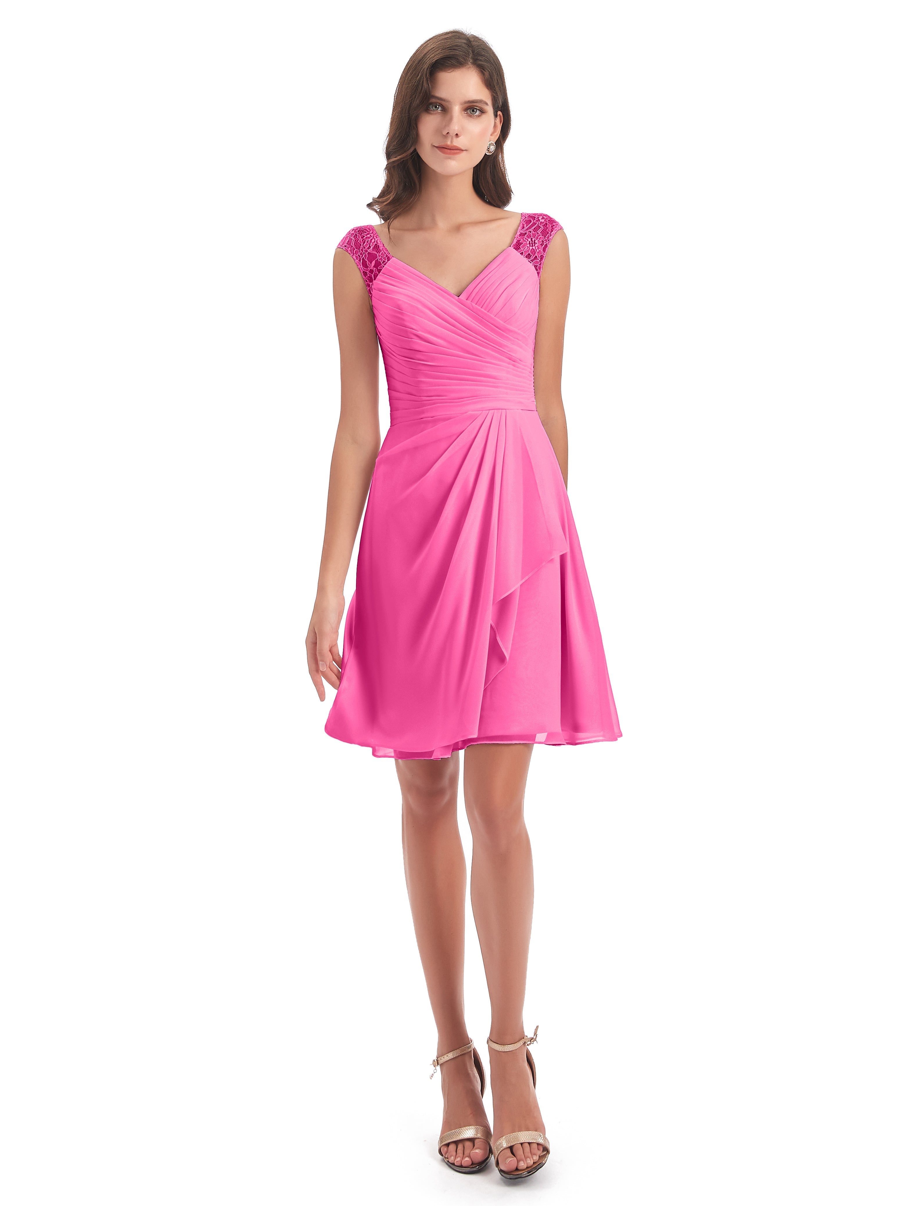Robe Demoiselle D Honneur Azalée Courte Dentelle/Mousseline Robes Demoiselle D'Honneur Avec Plissé