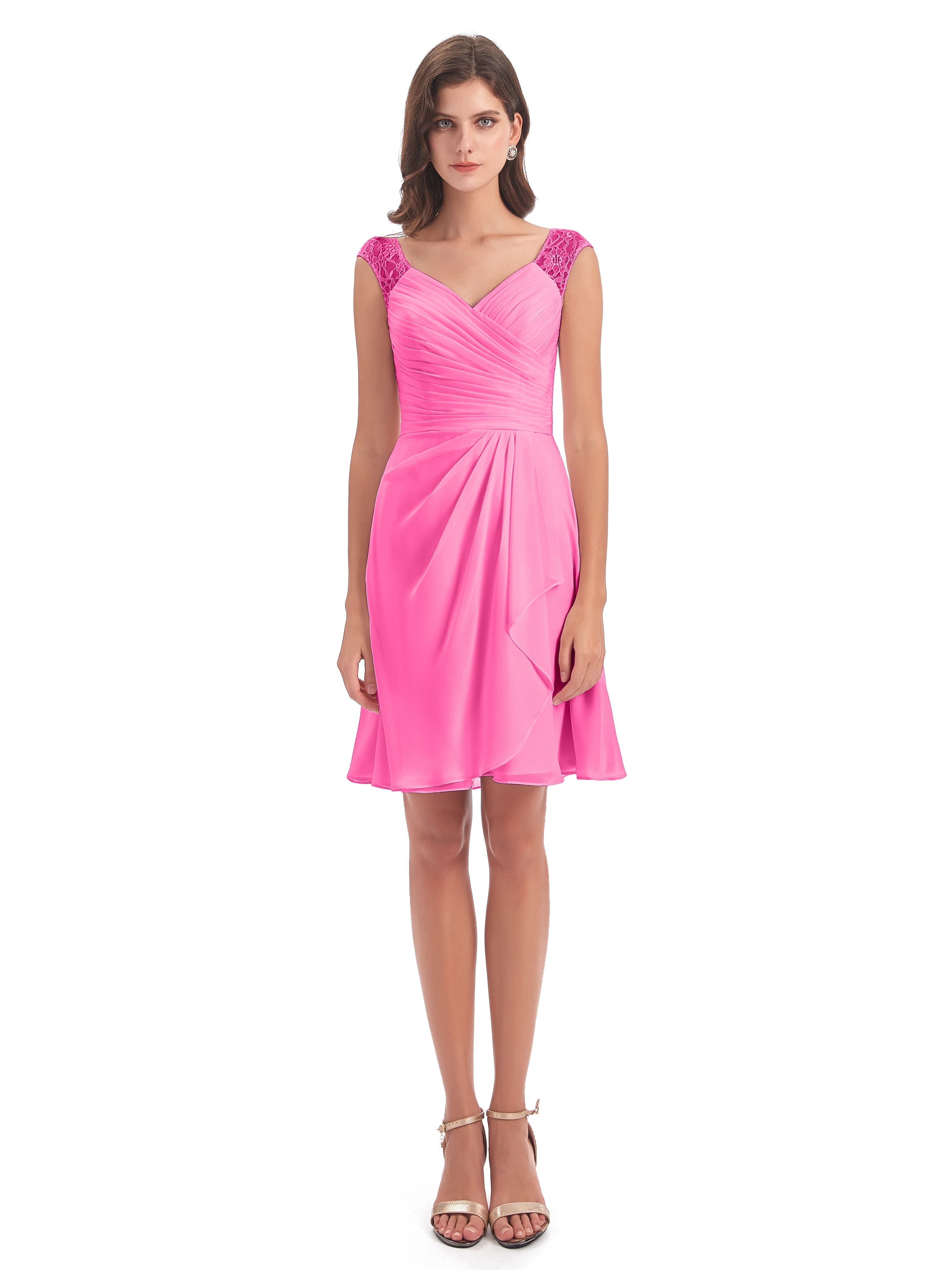 Robe Demoiselle D Honneur Azalée Courte Dentelle/Mousseline Robes Demoiselle D'Honneur Avec Plissé