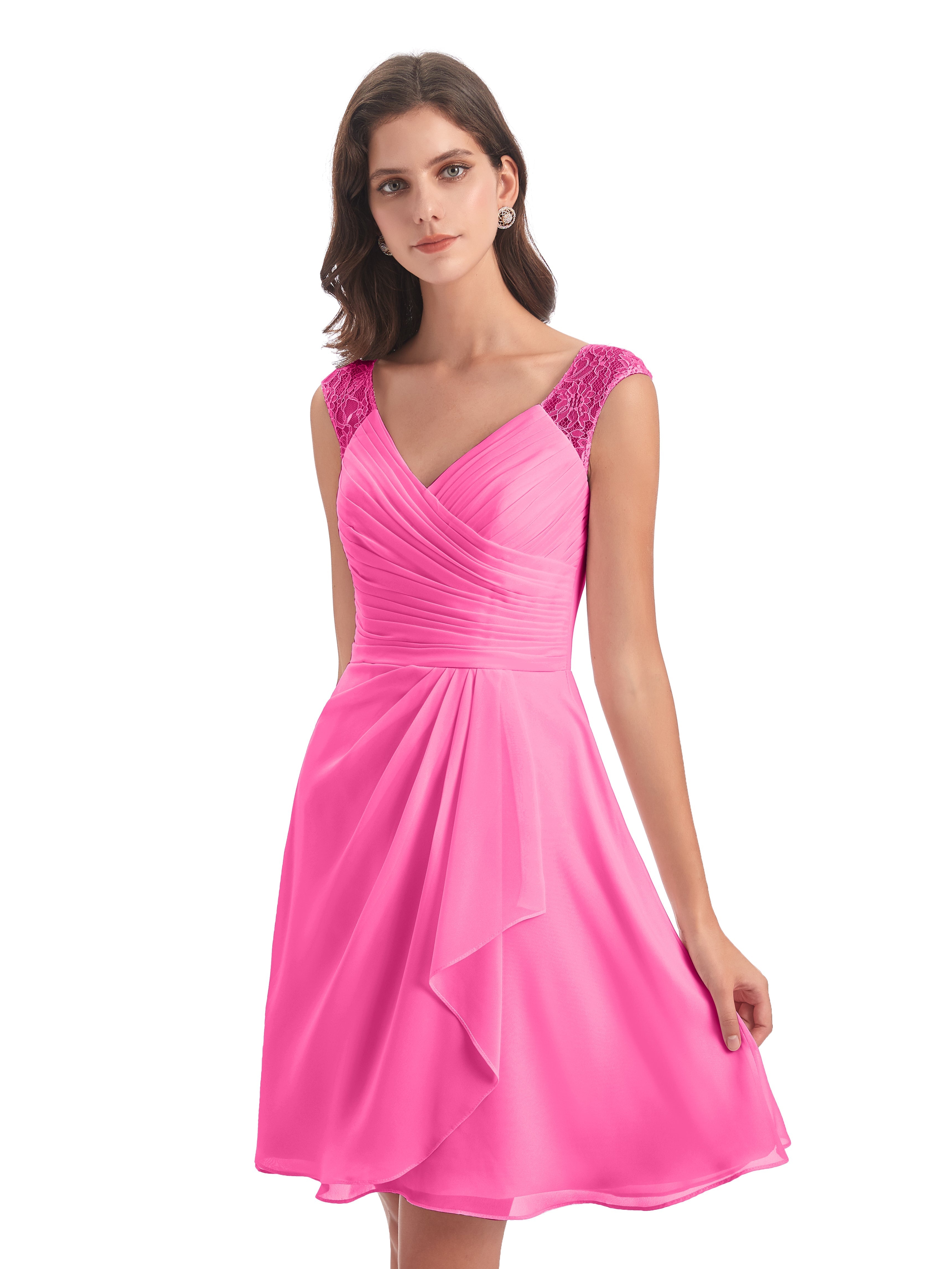 Robe Demoiselle D Honneur Azalée Courte Dentelle/Mousseline Robes Demoiselle D'Honneur Avec Plissé
