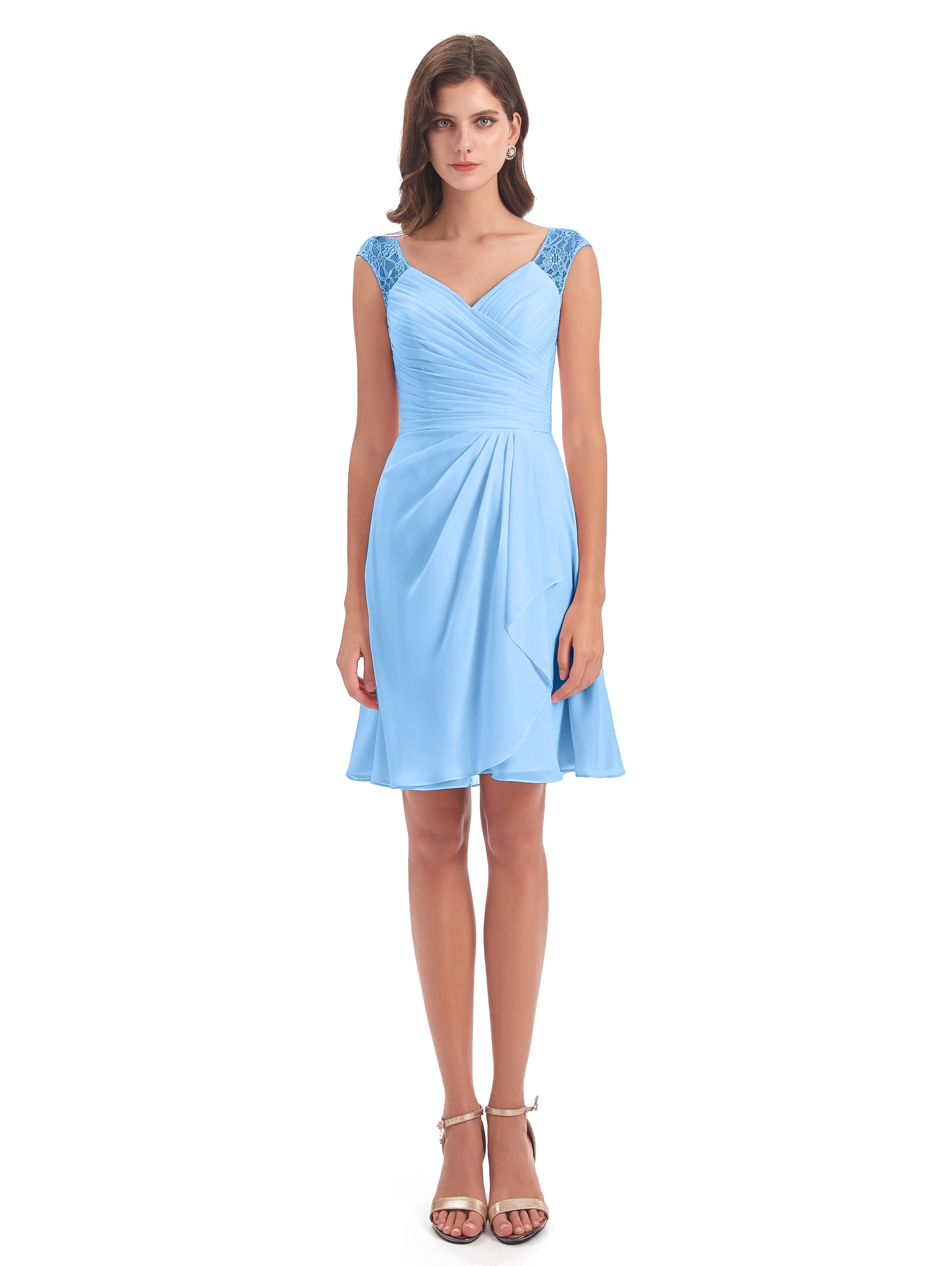 Robes De Demoiselle D'Honneur Bleues Courte Dentelle/Mousseline Robes Demoiselle D'Honneur Avec Plissé