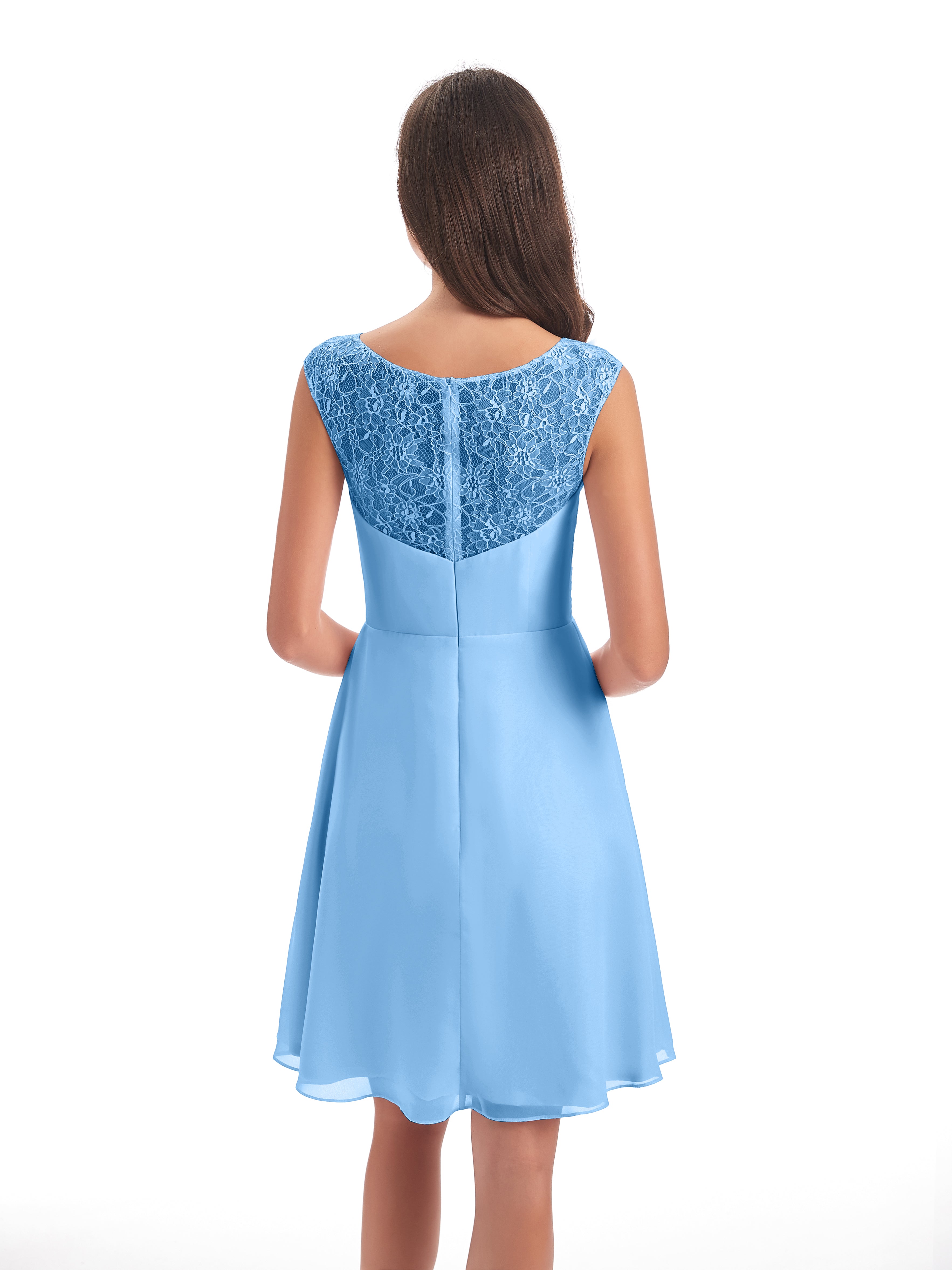 Robes De Demoiselle D'Honneur Bleues Courte Dentelle/Mousseline Robes Demoiselle D'Honneur Avec Plissé