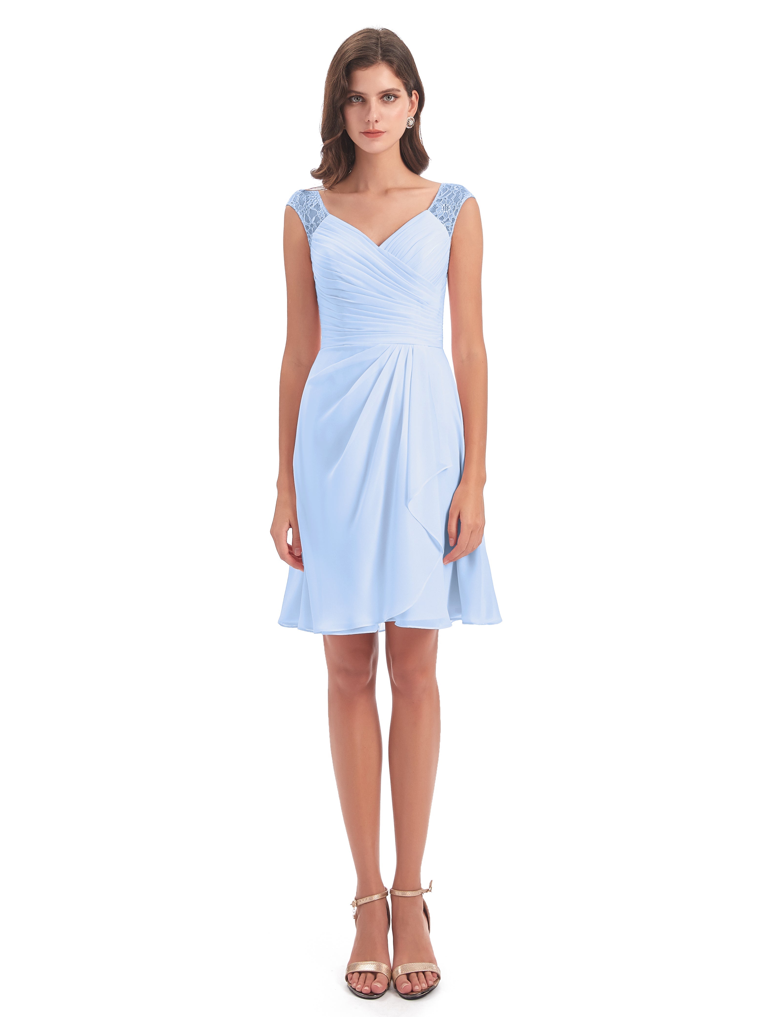 Robe Longue Bleu Ciel Demoiselle D Honneur Courte Dentelle/Mousseline Robes Demoiselle D'Honneur Avec Plissé