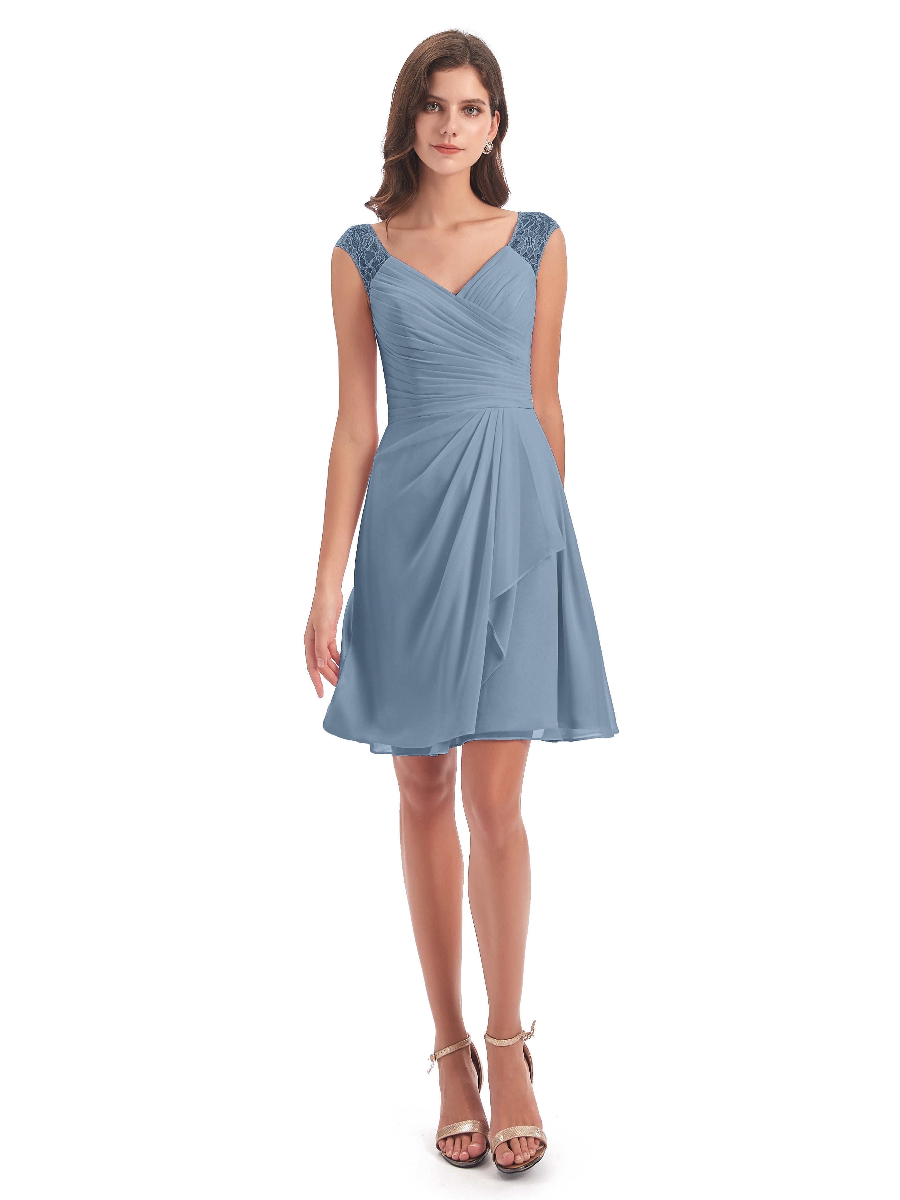 Robes De Demoiselle D'Honneur Bleu De Schiste Courte Dentelle/Mousseline Robes Demoiselle D'Honneur Avec Plissé