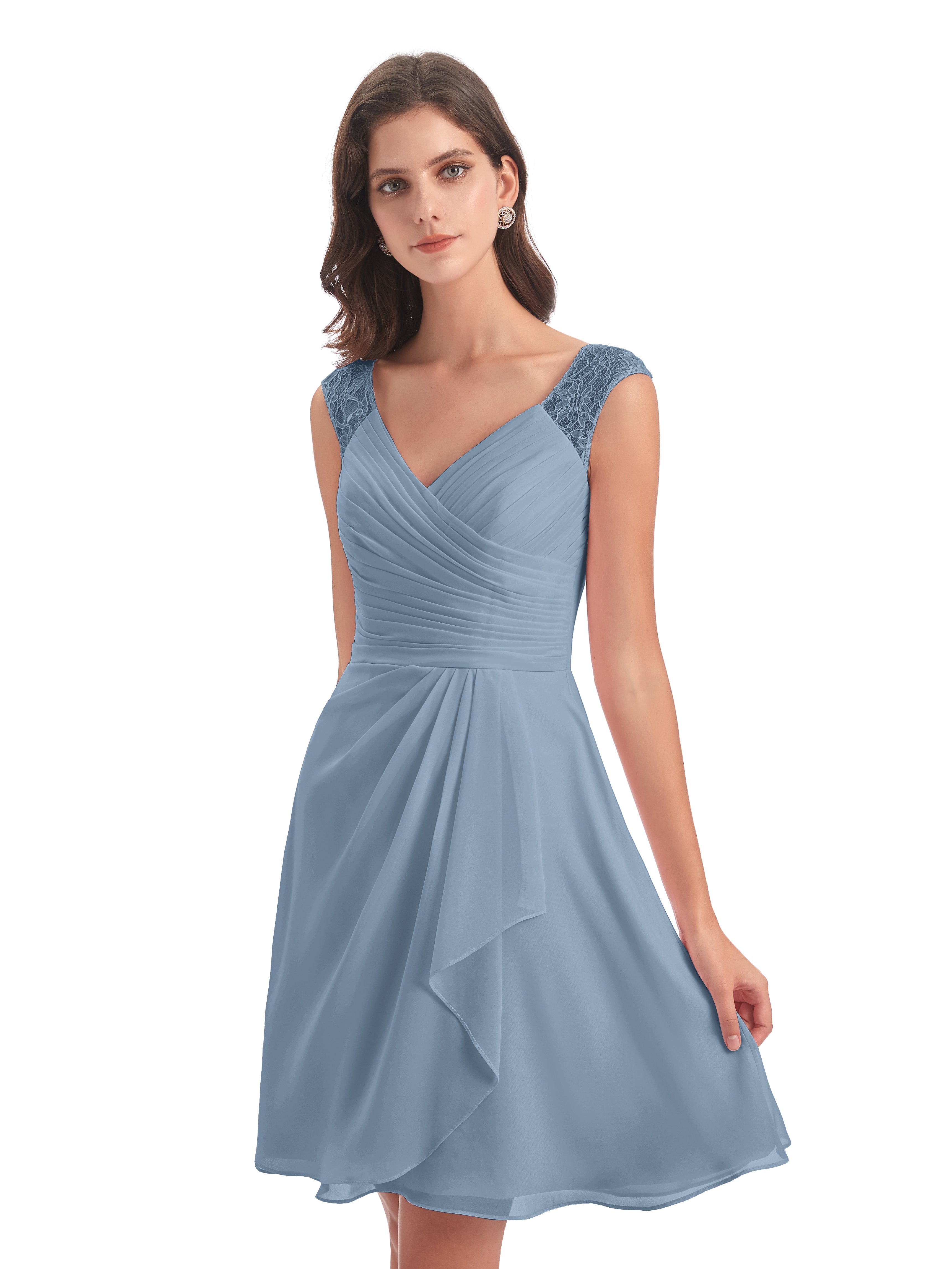 Robes De Demoiselle D'Honneur Bleu De Schiste Courte Dentelle/Mousseline Robes Demoiselle D'Honneur Avec Plissé