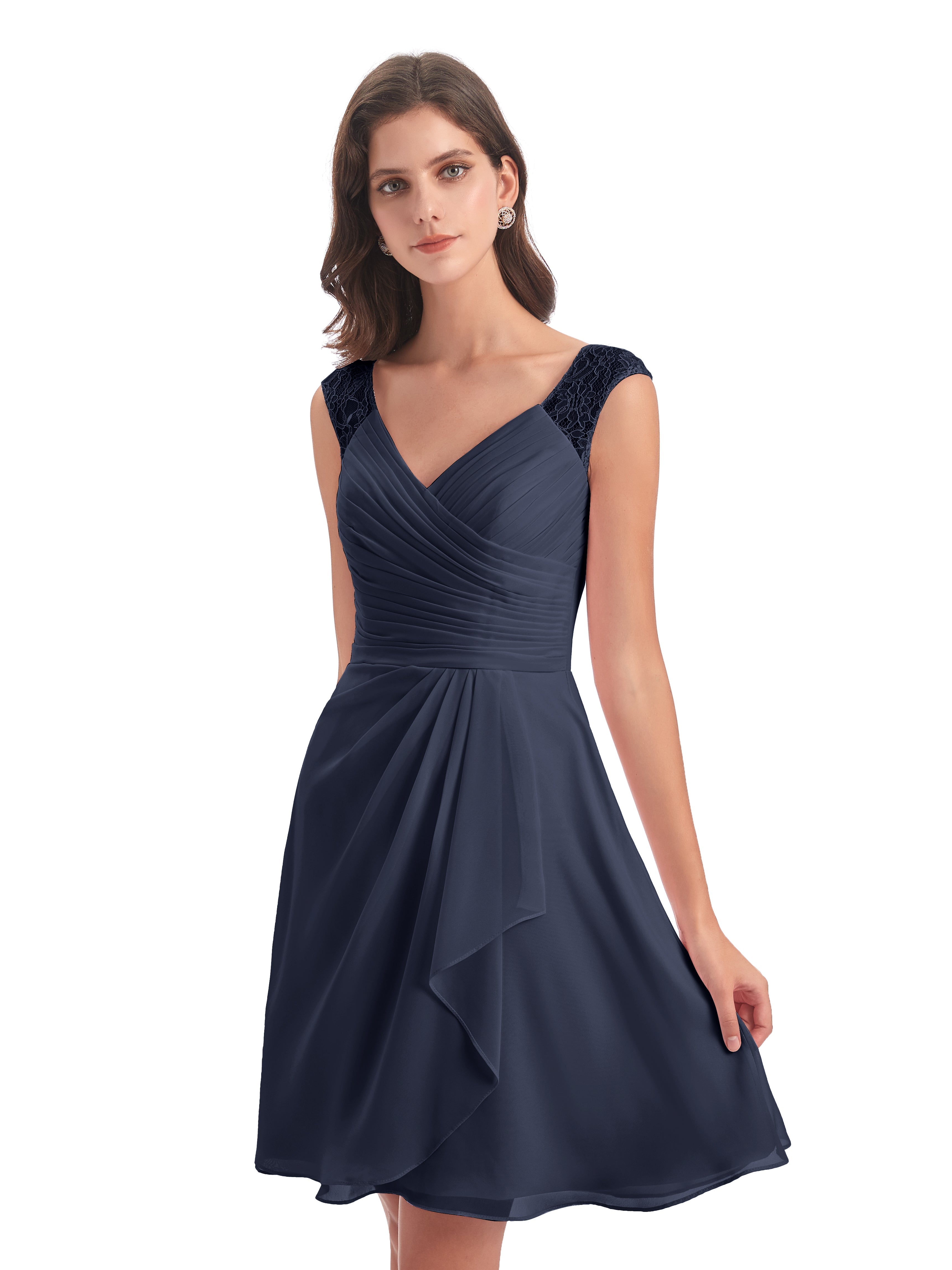 Robes De Demoiselle D'Honneur Bleu Marine Foncé Courte Dentelle/Mousseline Robes Demoiselle D'Honneur Avec Plissé