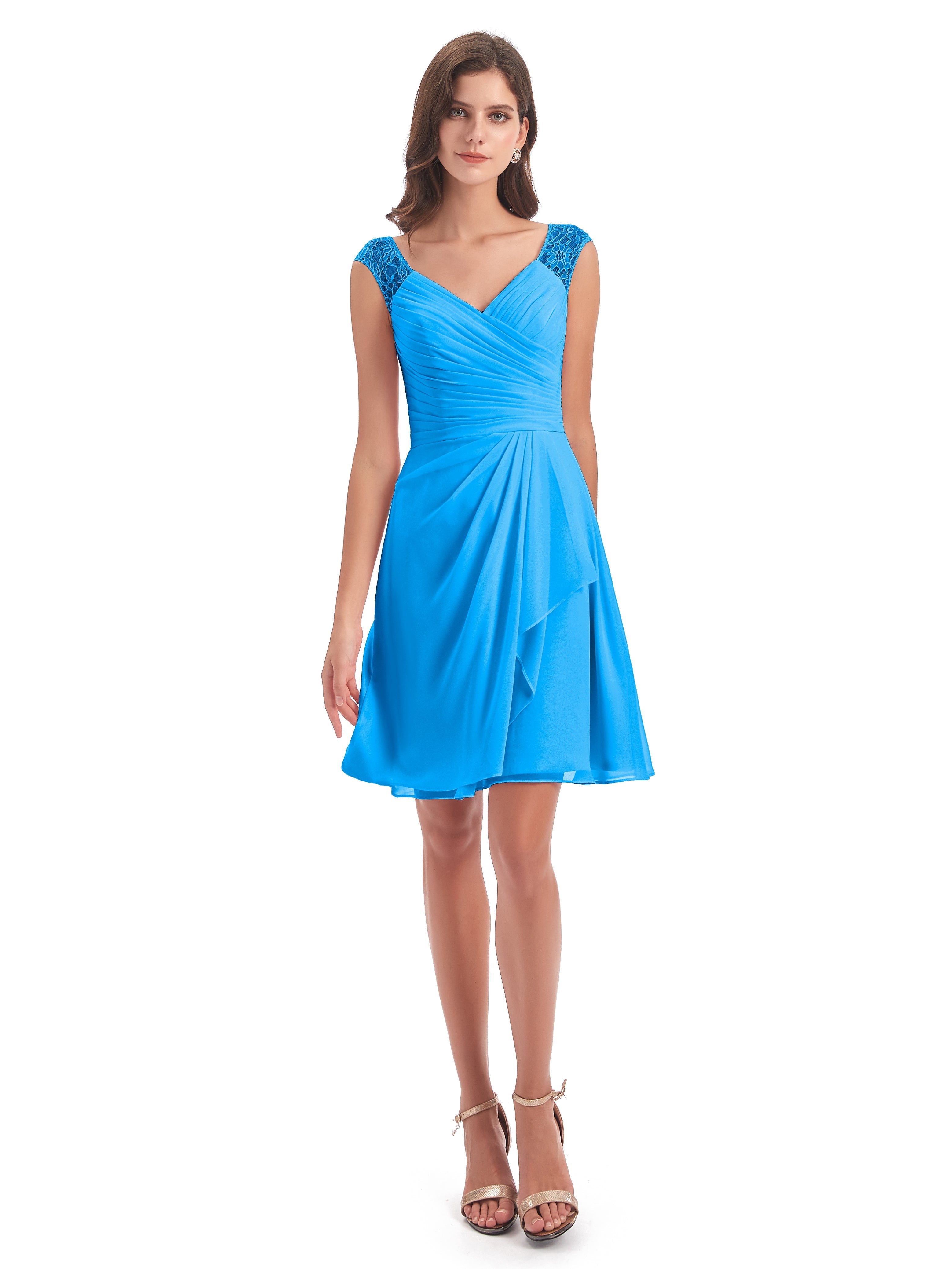 Robes De Demoiselle D'Honneur Bleu Océan Courte Dentelle/Mousseline Robes Demoiselle D'Honneur Avec Plissé