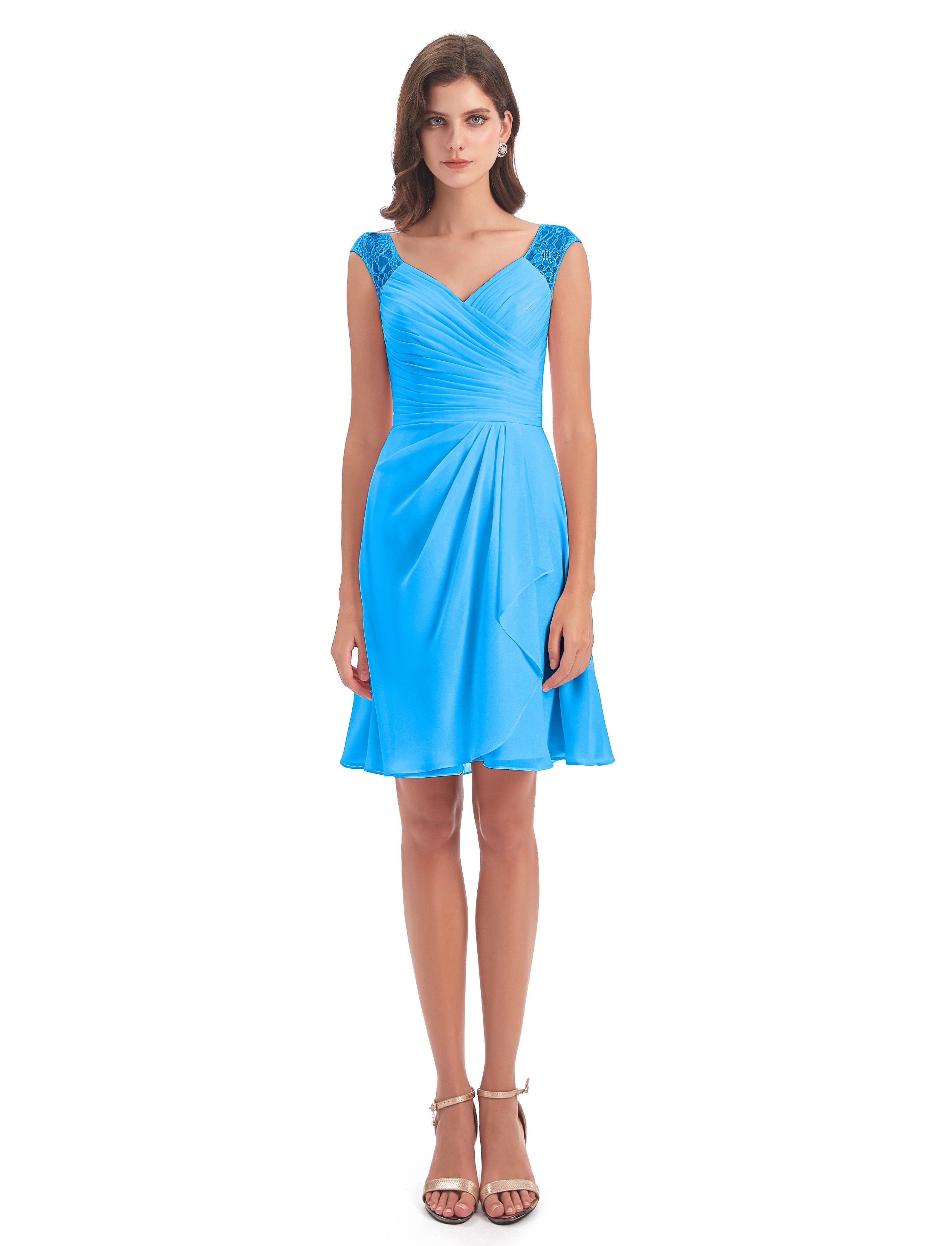 Robes De Demoiselle D'Honneur Bleu Océan Courte Dentelle/Mousseline Robes Demoiselle D'Honneur Avec Plissé