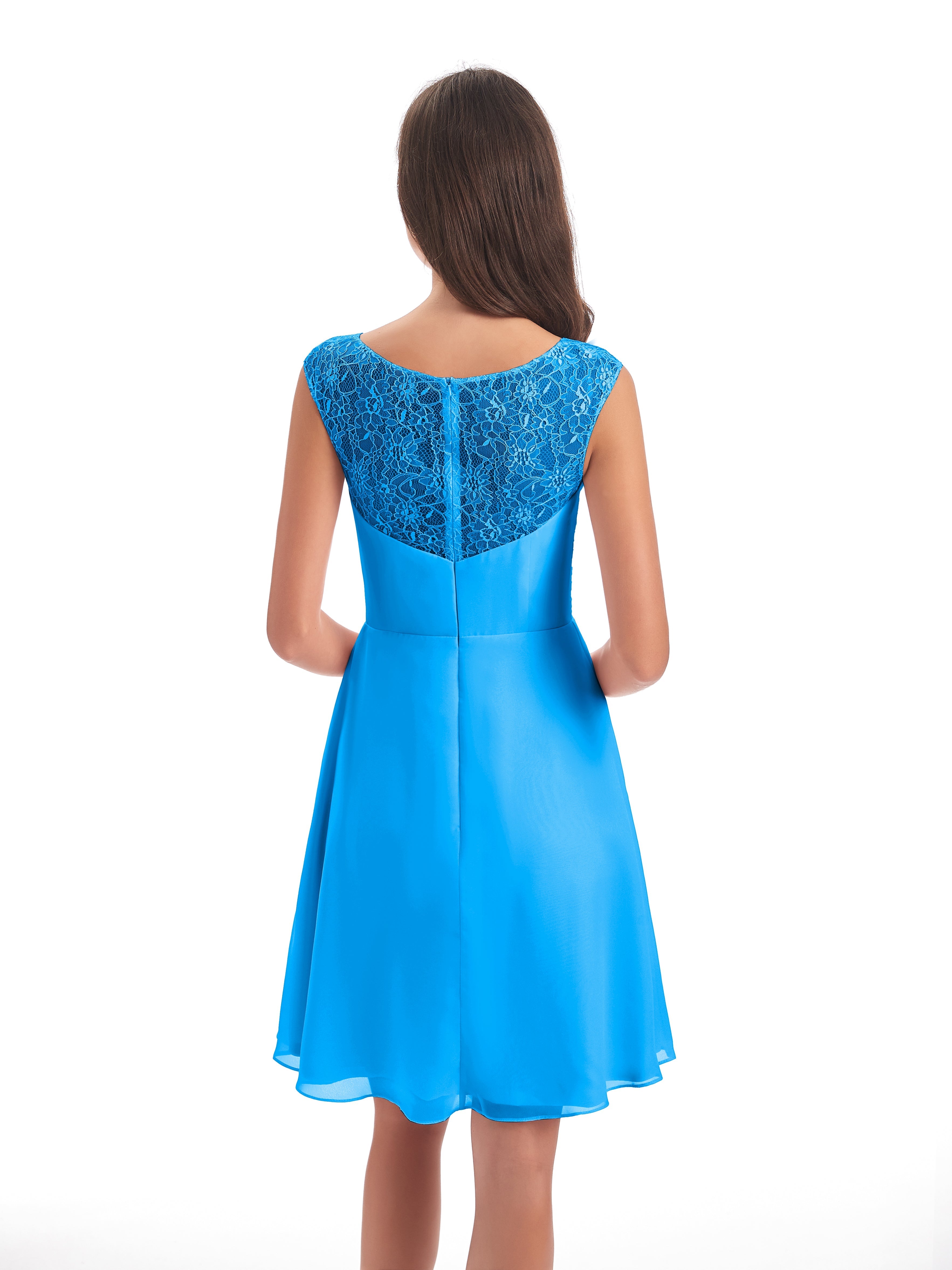 Robes De Demoiselle D'Honneur Bleu Océan Courte Dentelle/Mousseline Robes Demoiselle D'Honneur Avec Plissé