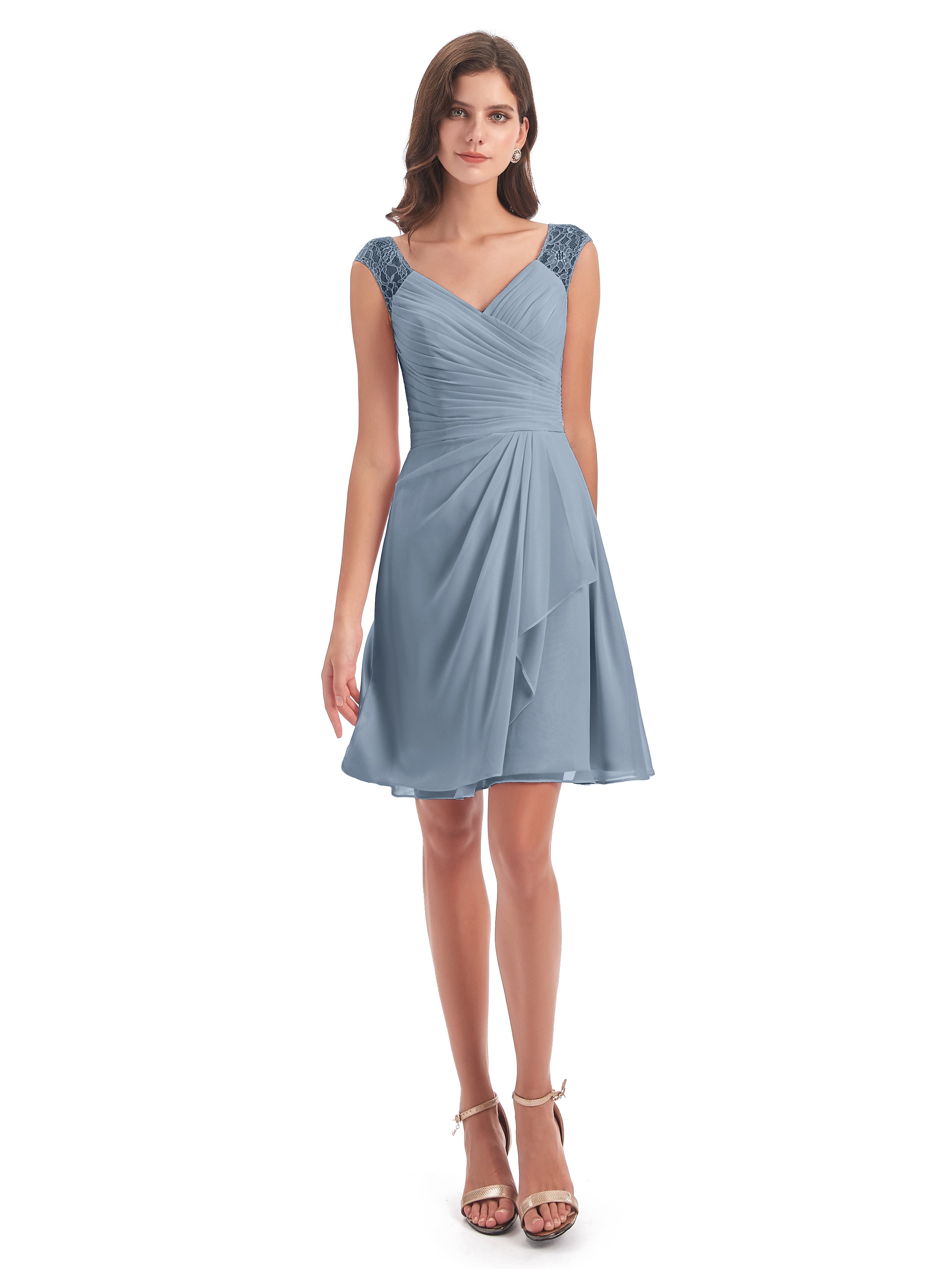 Robes De Demoiselle D'Honneur Bleu Poussiéreux Courte Dentelle/Mousseline Robes Demoiselle D'Honneur Avec Plissé