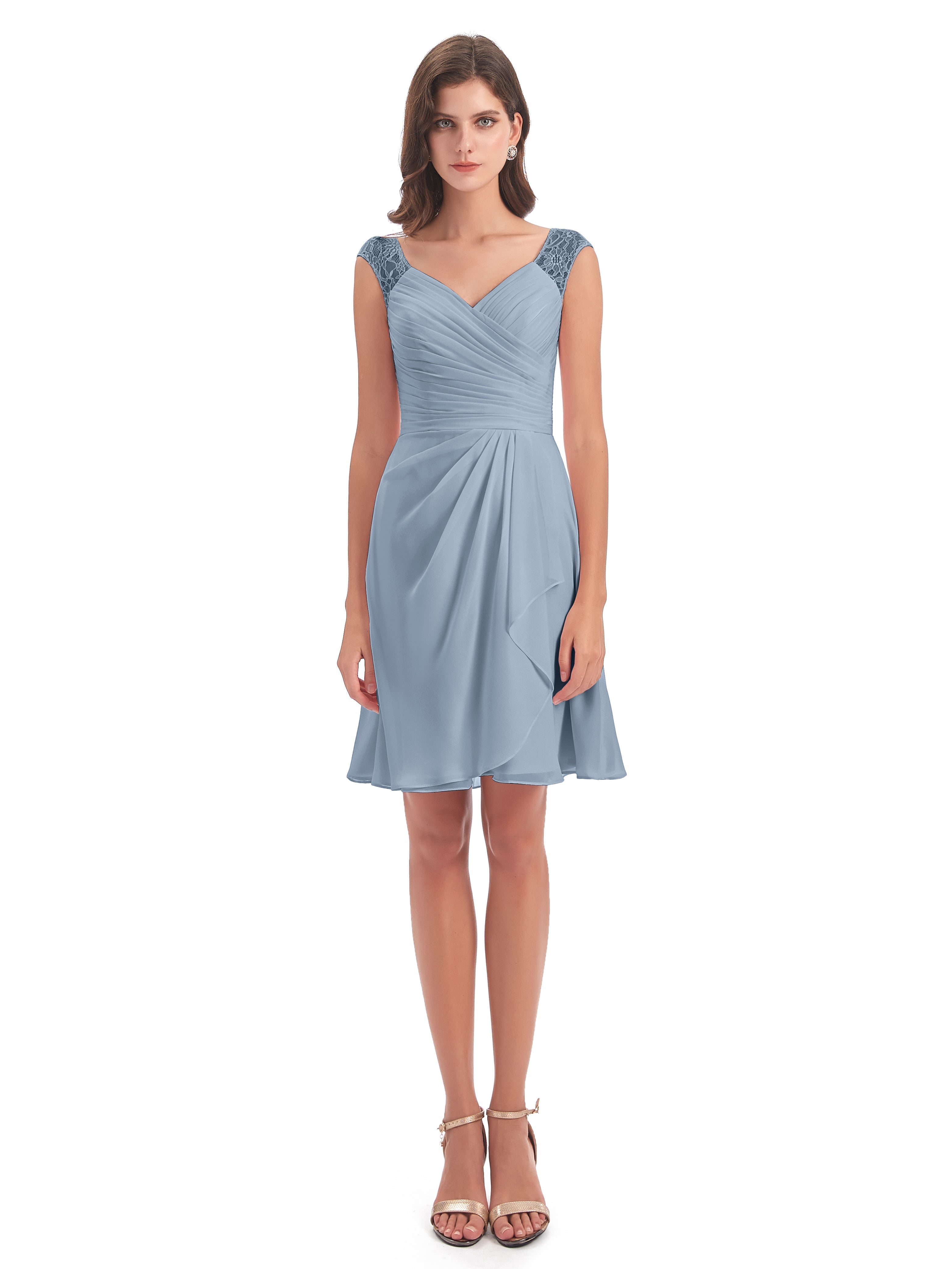 Robes De Demoiselle D'Honneur Bleu Poussiéreux Courte Dentelle/Mousseline Robes Demoiselle D'Honneur Avec Plissé