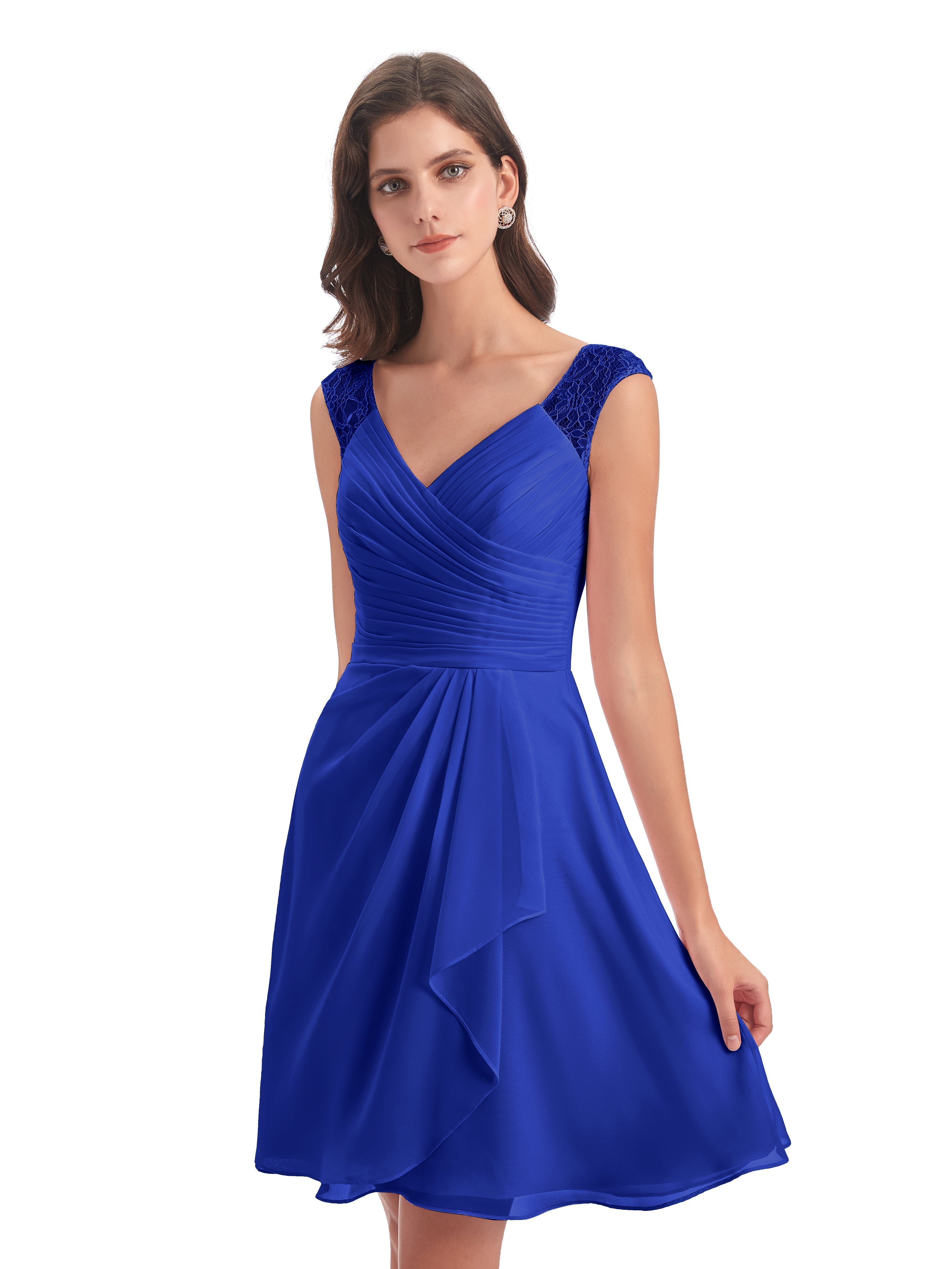 Robe De Demoiselle D Honneur Bleu Royal Courte Dentelle/Mousseline Robes Demoiselle D'Honneur Avec Plissé