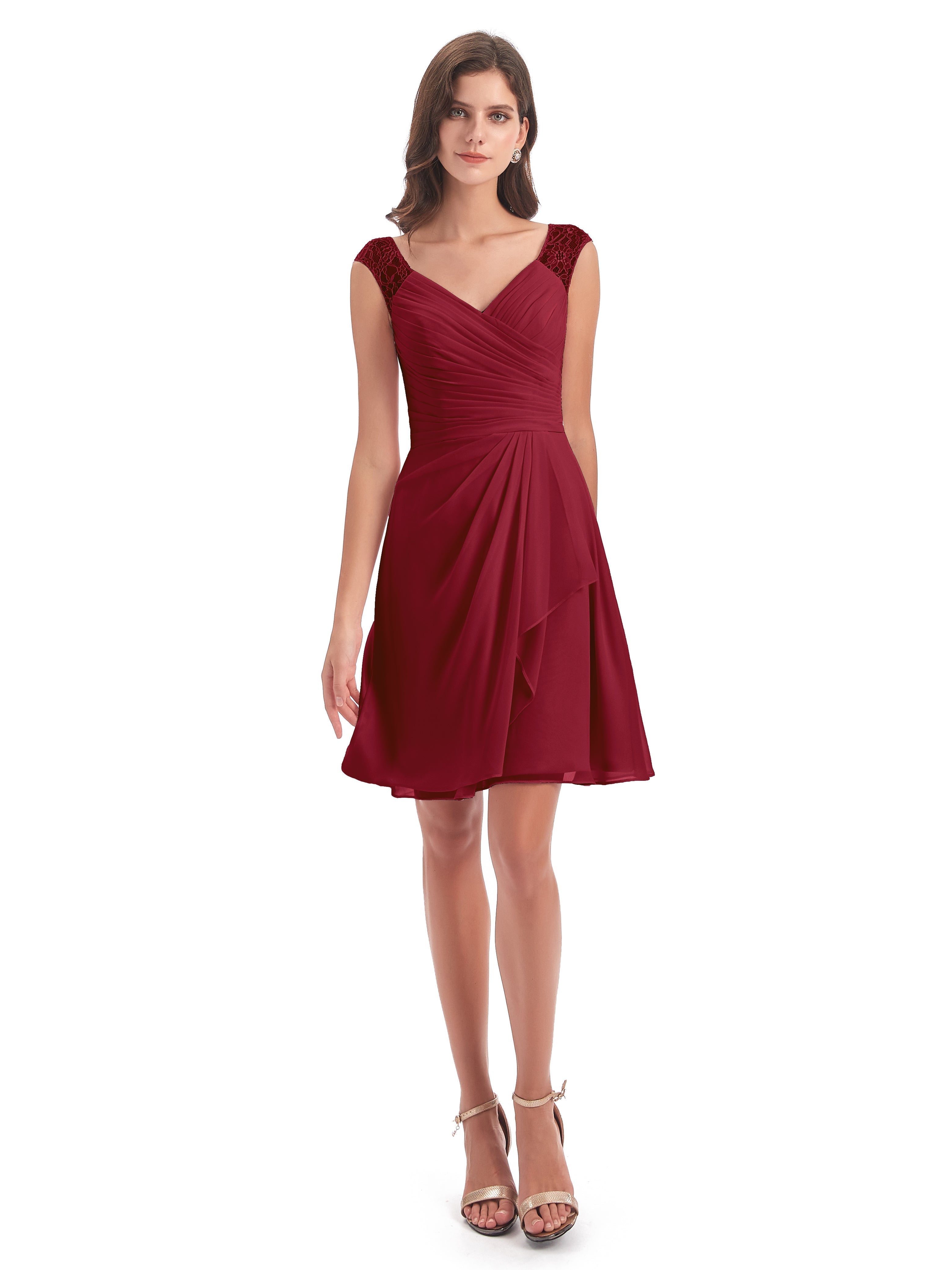 Robe Demoiselle D Honneur Bordeaux Courte Dentelle/Mousseline Robes Demoiselle D'Honneur Avec Plissé