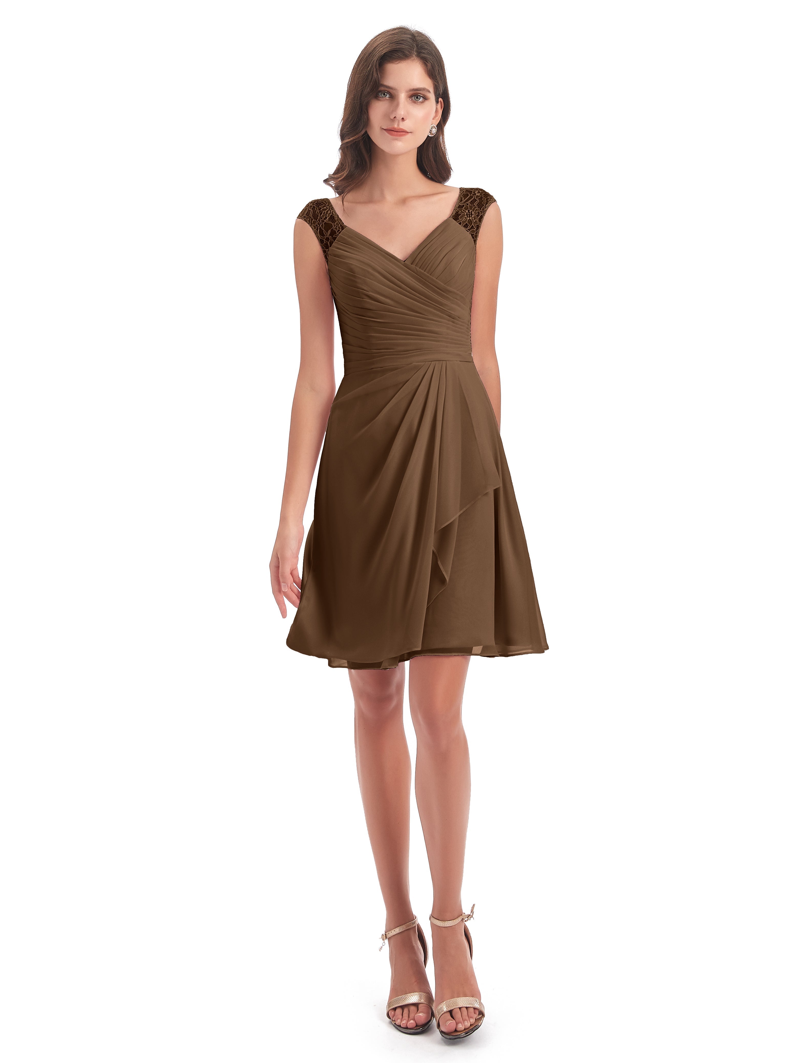 Robes De Demoiselle D'Honneur Brun Courte Dentelle/Mousseline Robes Demoiselle D'Honneur Avec Plissé