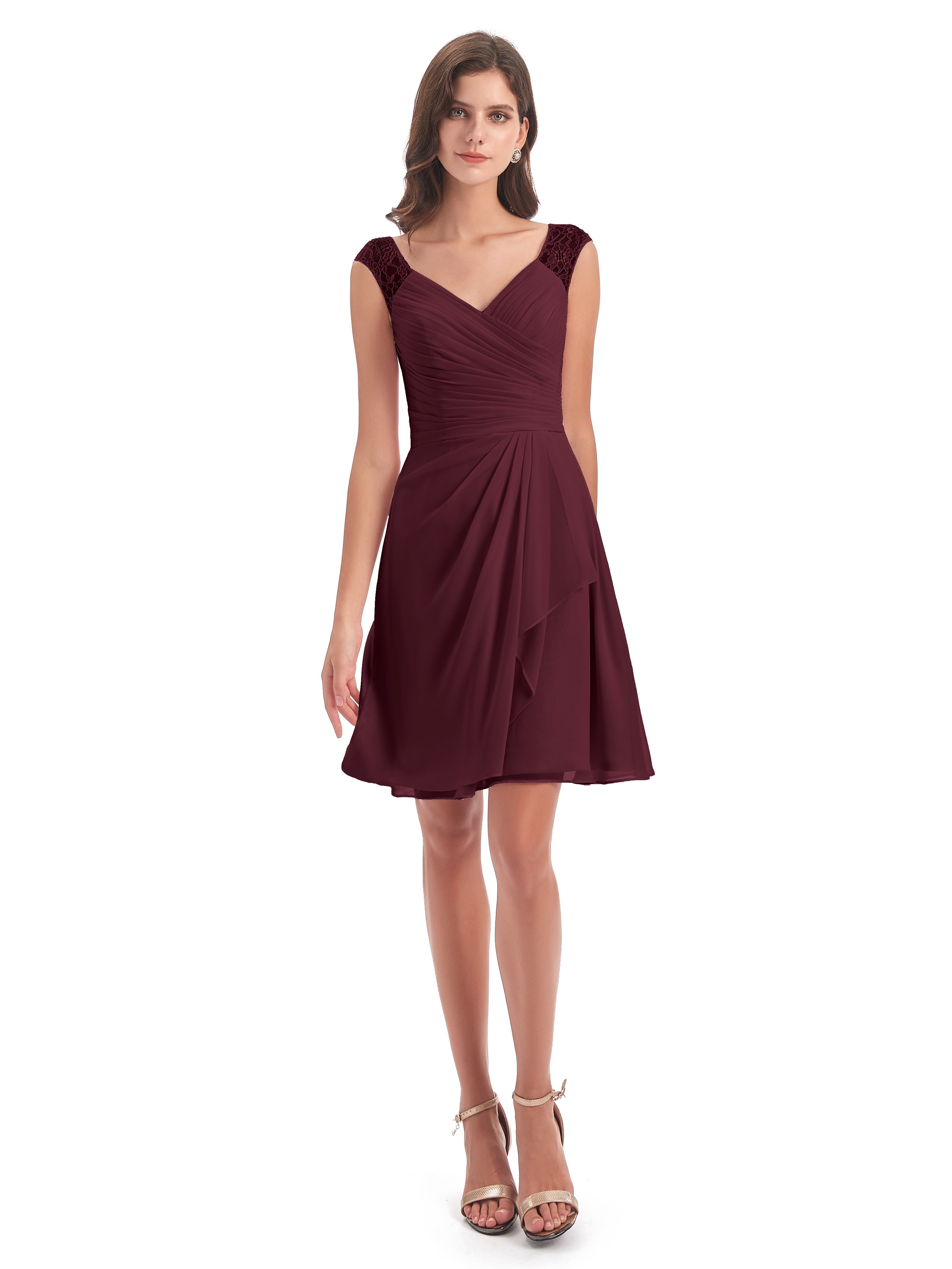 Robes De Demoiselle D'Honneur Cabernet Courte Dentelle/Mousseline Robes Demoiselle D'Honneur Avec Plissé