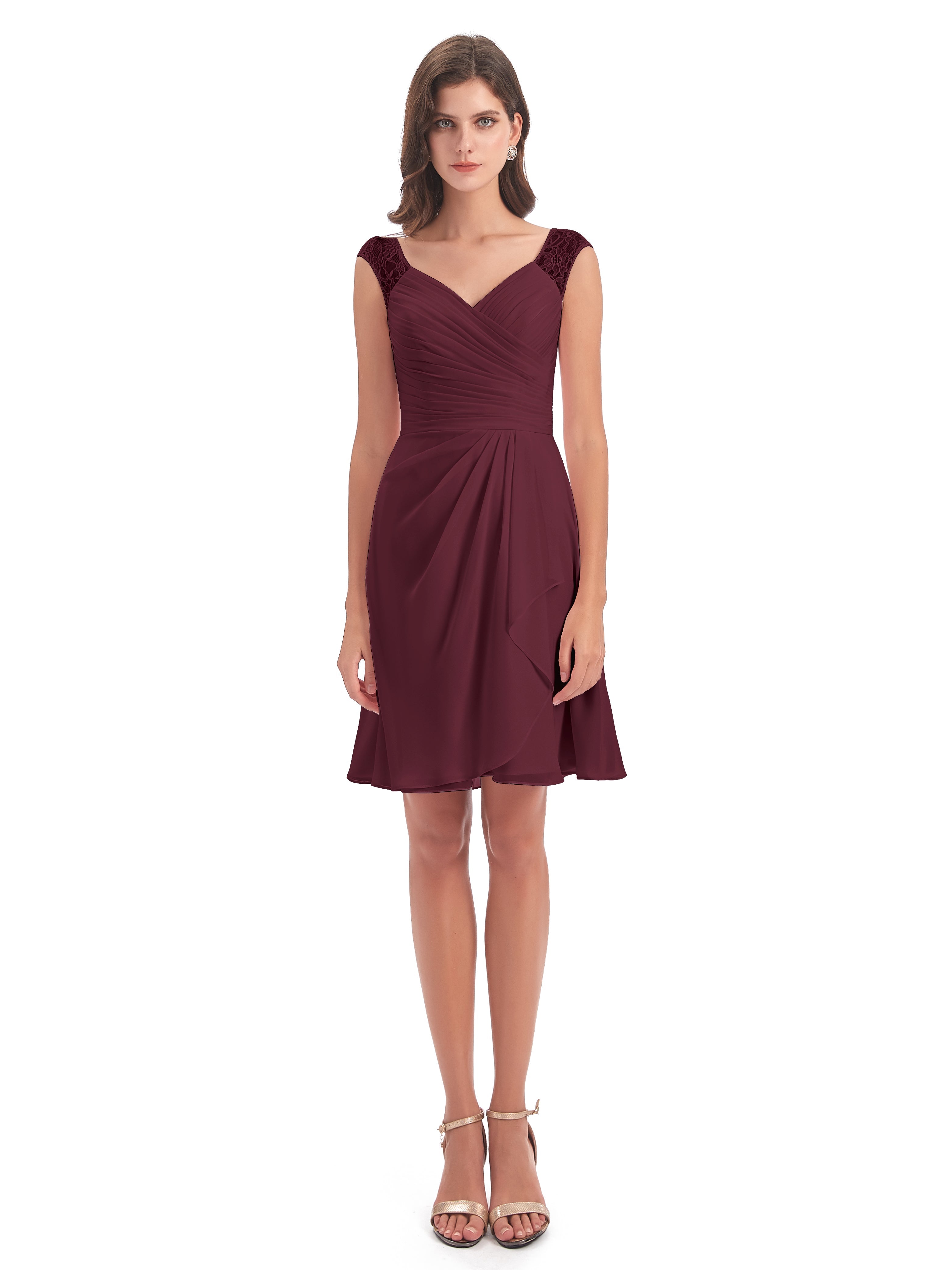 Robes De Demoiselle D'Honneur Cabernet Courte Dentelle/Mousseline Robes Demoiselle D'Honneur Avec Plissé
