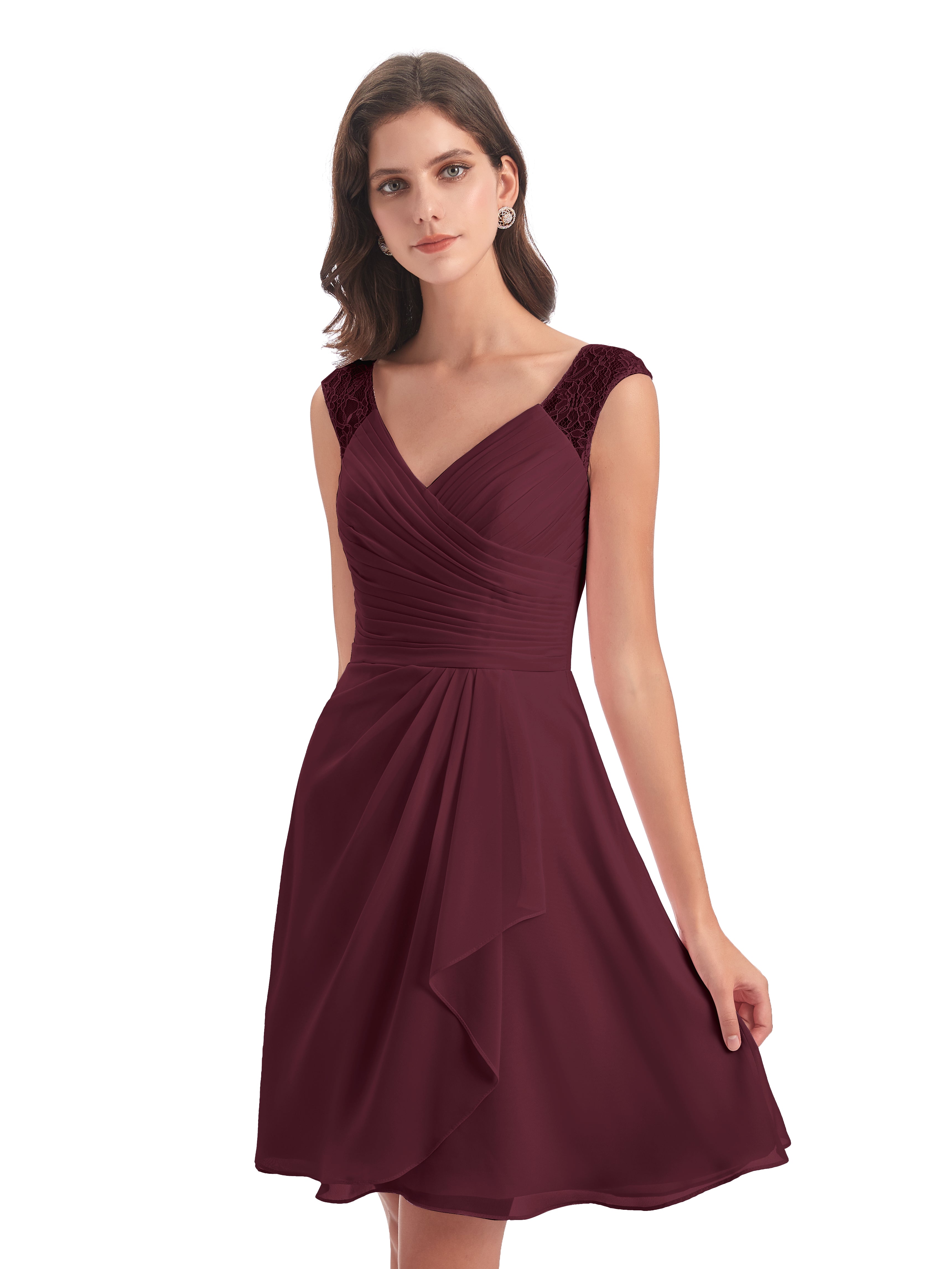 Robes De Demoiselle D'Honneur Cabernet Courte Dentelle/Mousseline Robes Demoiselle D'Honneur Avec Plissé