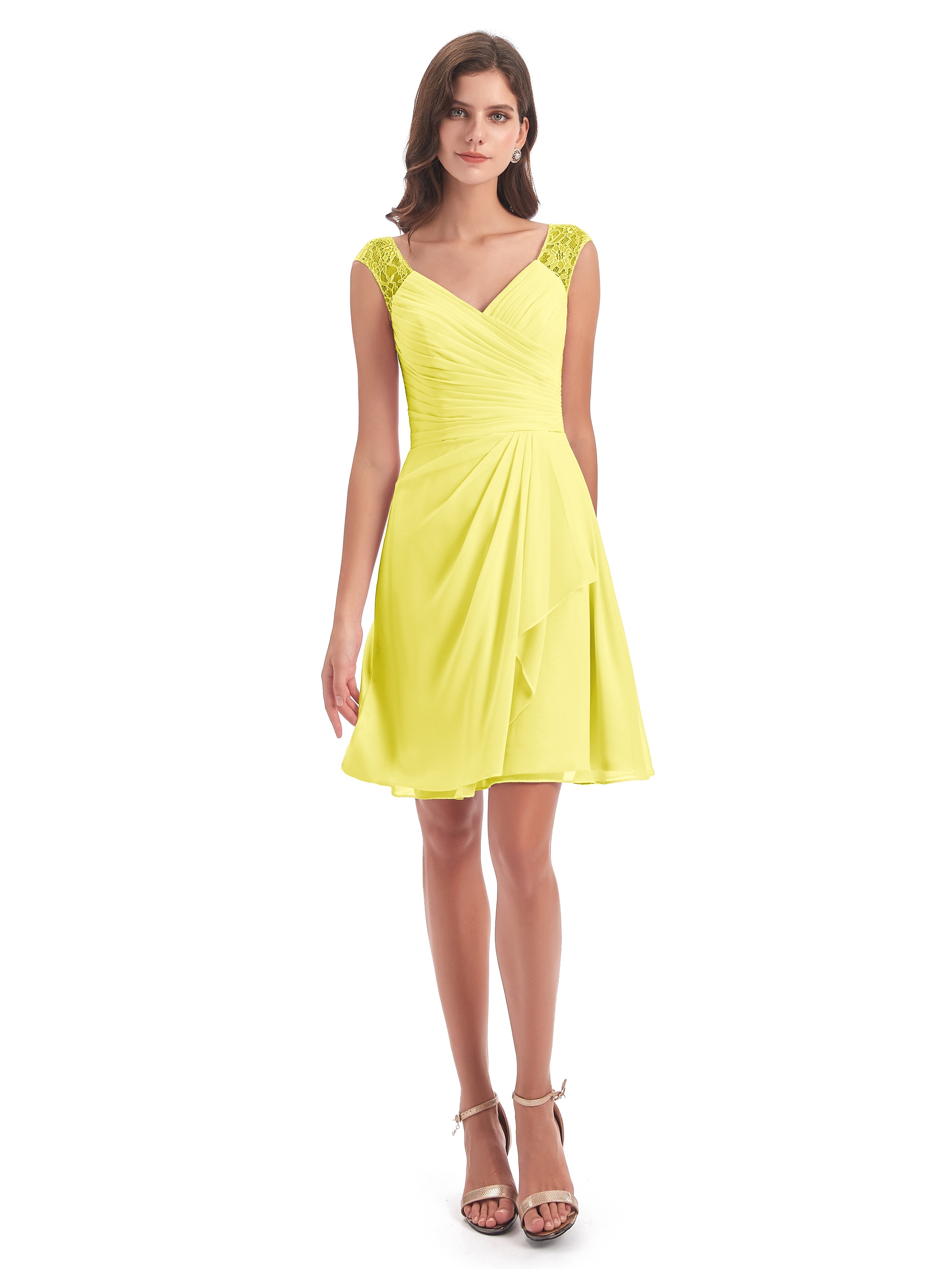 Robes De Demoiselle D'Honneur Citron Courte Dentelle/Mousseline Robes Demoiselle D'Honneur Avec Plissé