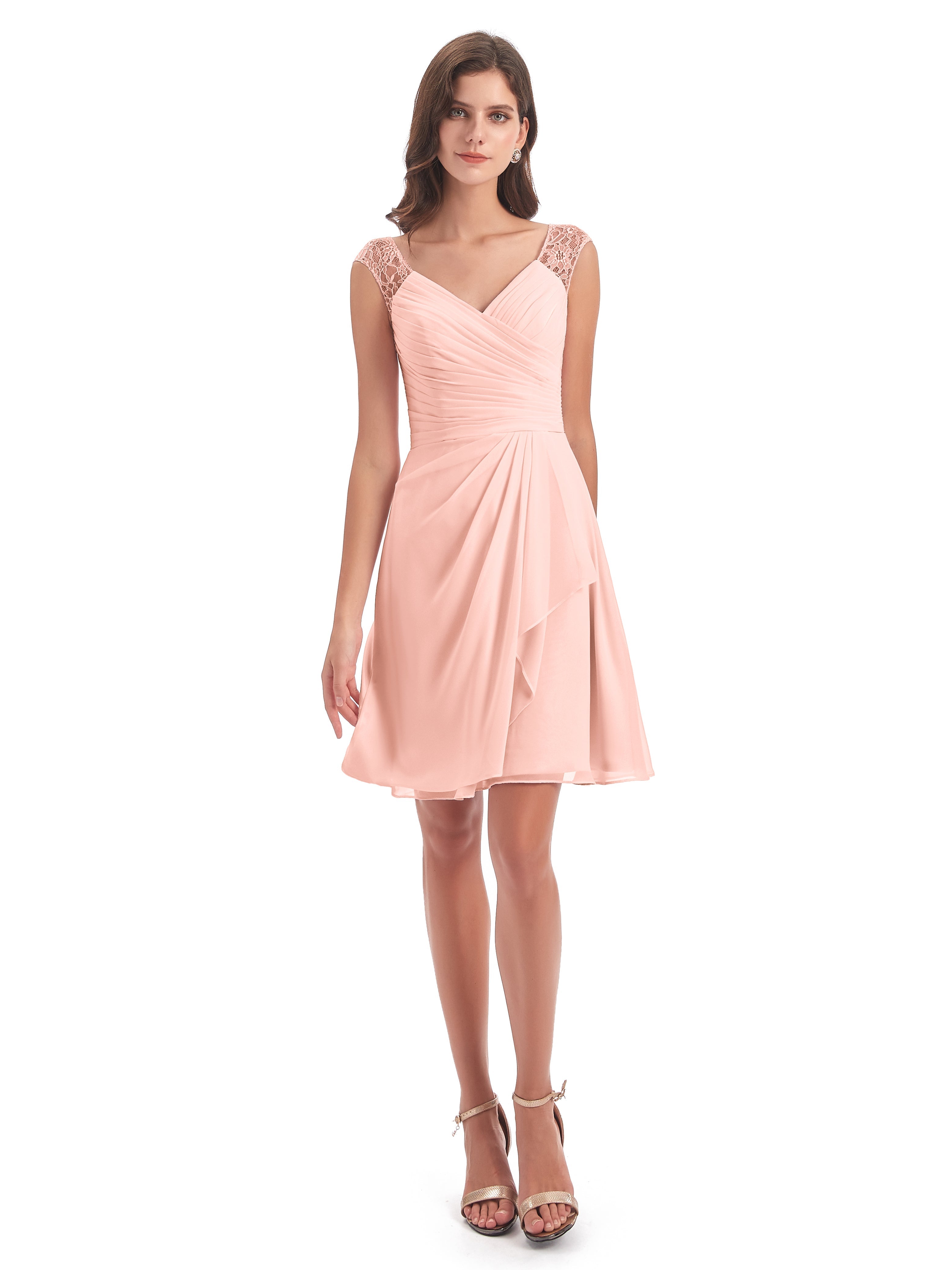 Robe Demoiselle D Honneur Couleur Corail Courte Dentelle/Mousseline Robes Demoiselle D'Honneur Avec Plissé