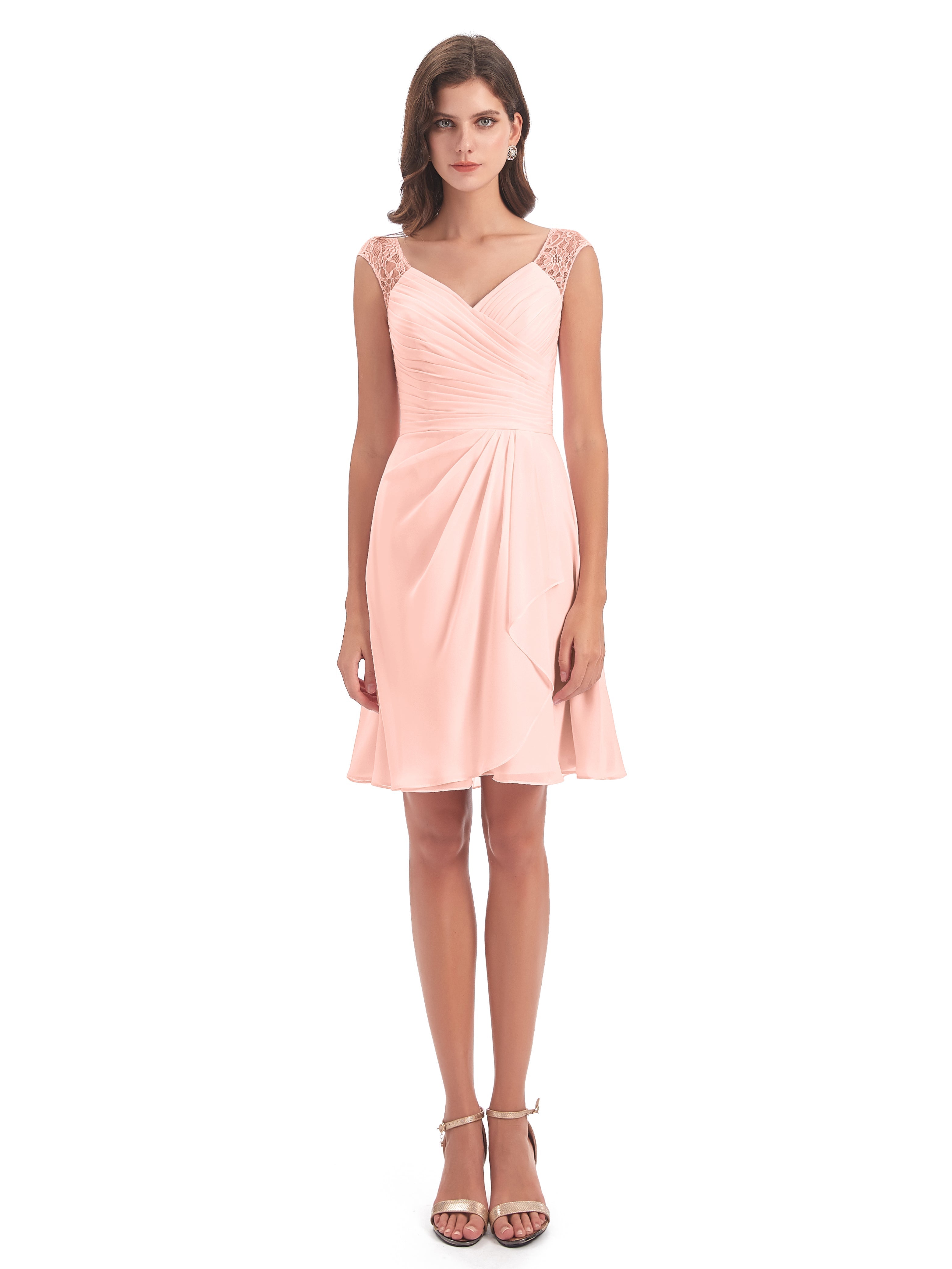 Robe Demoiselle D Honneur Couleur Corail Courte Dentelle/Mousseline Robes Demoiselle D'Honneur Avec Plissé